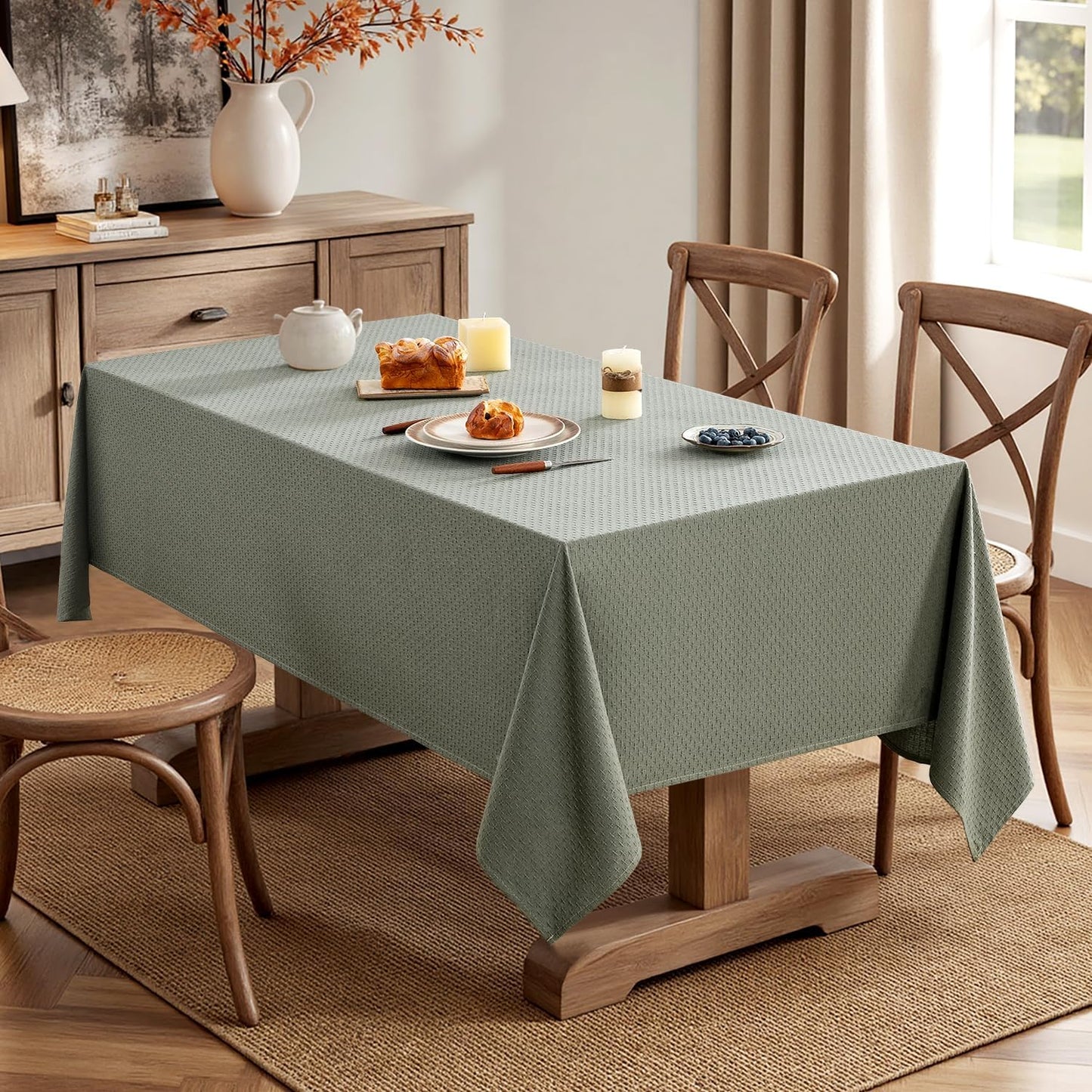 MIULEE Olive Green Linen Cottton Table Cloth Rectangle Tablecloth Waterproof Spillproof Cross-Star Textured Table Cltoth Decorative Farmhouse Style for Dining Party Weddings 60x84 Inch