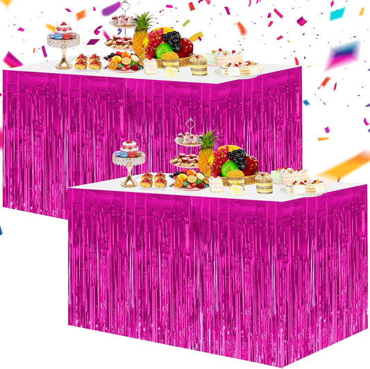 BEISHIDA 2 Pack Metallic Tinsel Foil Fringe Table Skirts for Rectangle & Round Tables Hot Pink Kids' Birthday, Holiday Cartoon Party Decorations for Birthday Valentines Baby Shower Festive Events