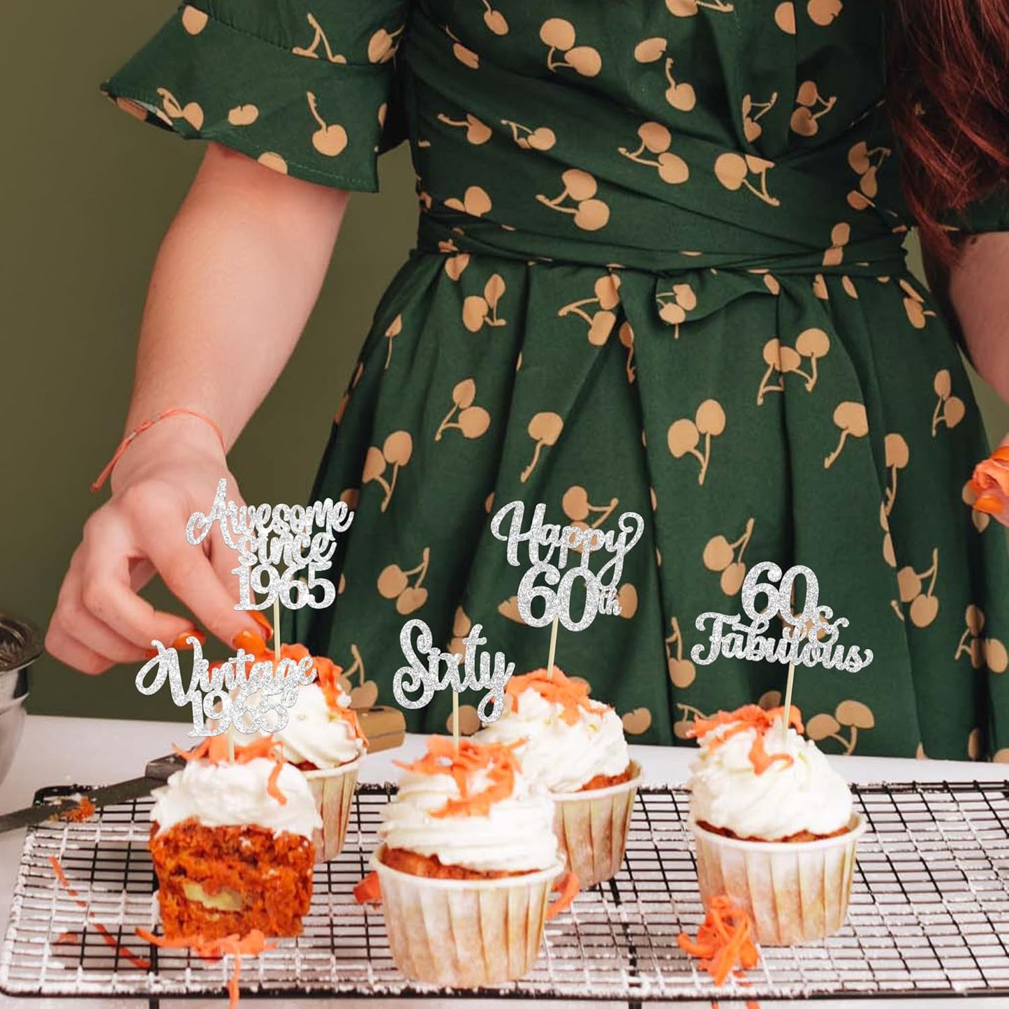 30Pcs Happy 60th Birthday Cupcake Toppers Glitter Sixty Vintage 1965 Cupcake Picks Cheers to 60 Fabulous Cake Decorations for 60th Birthday Wedding Anniversary Party Supplies Silver