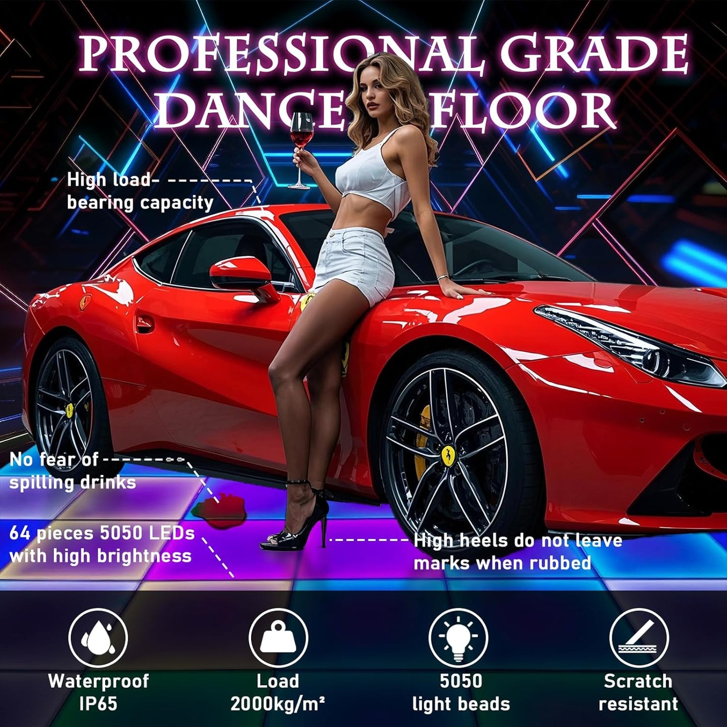 Dance Floor Stage Lights-Tempered Glass with Flight Case - RGB Color Changing Lights for Wedding, Party, Club - Non-Slip (RGB-Magnetic, 16 * 16 FT)