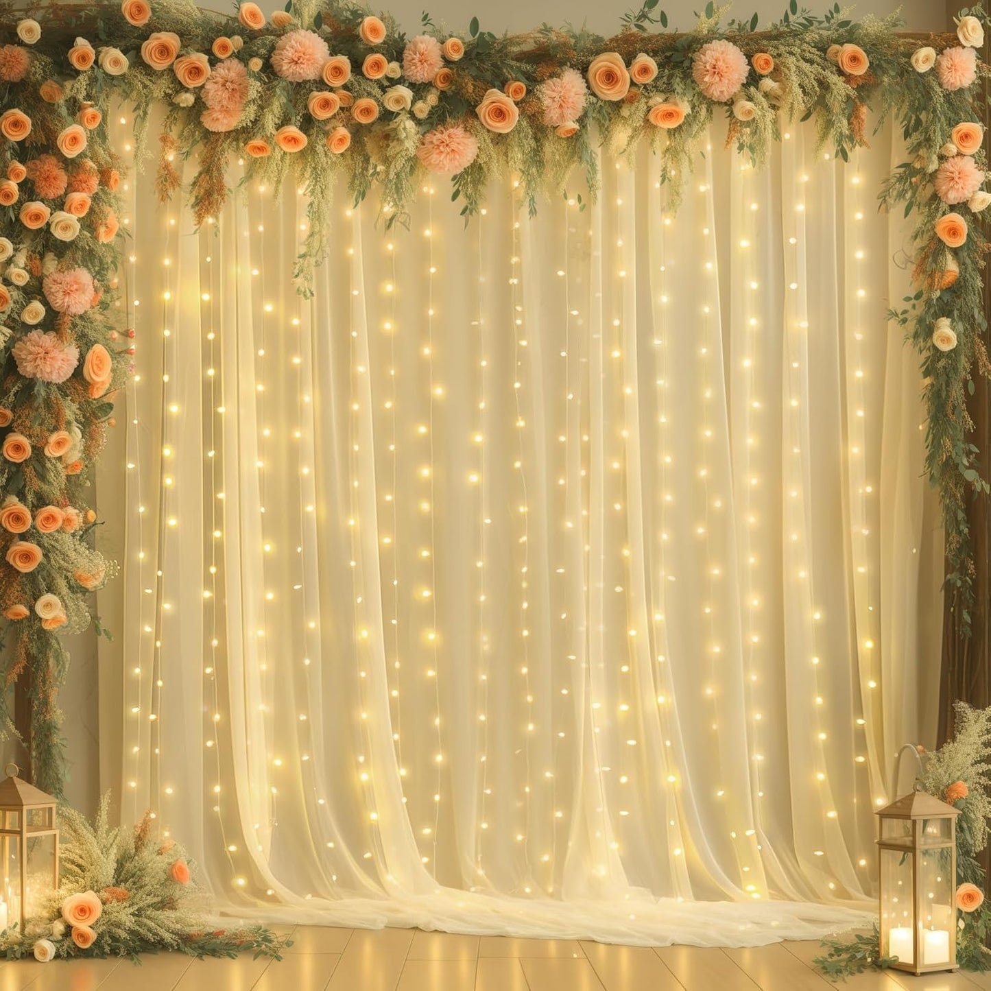 10ft x 10ft Champagne Sheer Tulle Backdrop Curtains with Lights String Wedding Backdrop for Reception Ceremony Birthday Party Baby Shower Photo Booth Background Decoration