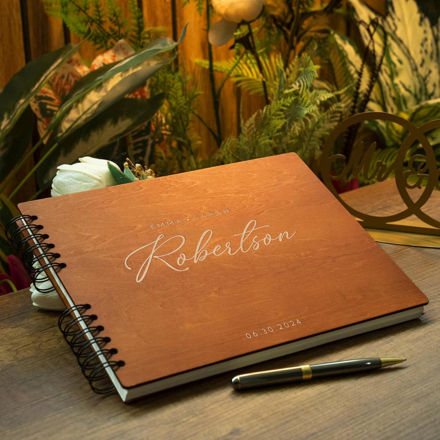 Personalized Wood Wedding Guest Book - 5 Colors/Finishings, 2 Sizes, 12 Designs - Wood Wedding Decorations, Guest Book Signs for Wedding Reception (DESIGN 2)