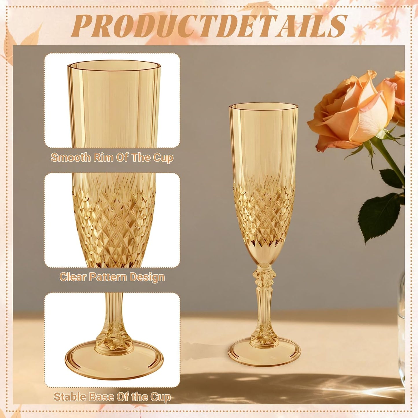 Plastic Champagne Flutes, 24PCS Gold Wine Glasses Goblets Cups Reusable Flute, for Weddings Bachelor Parties Toasting and Events(24, Gold)