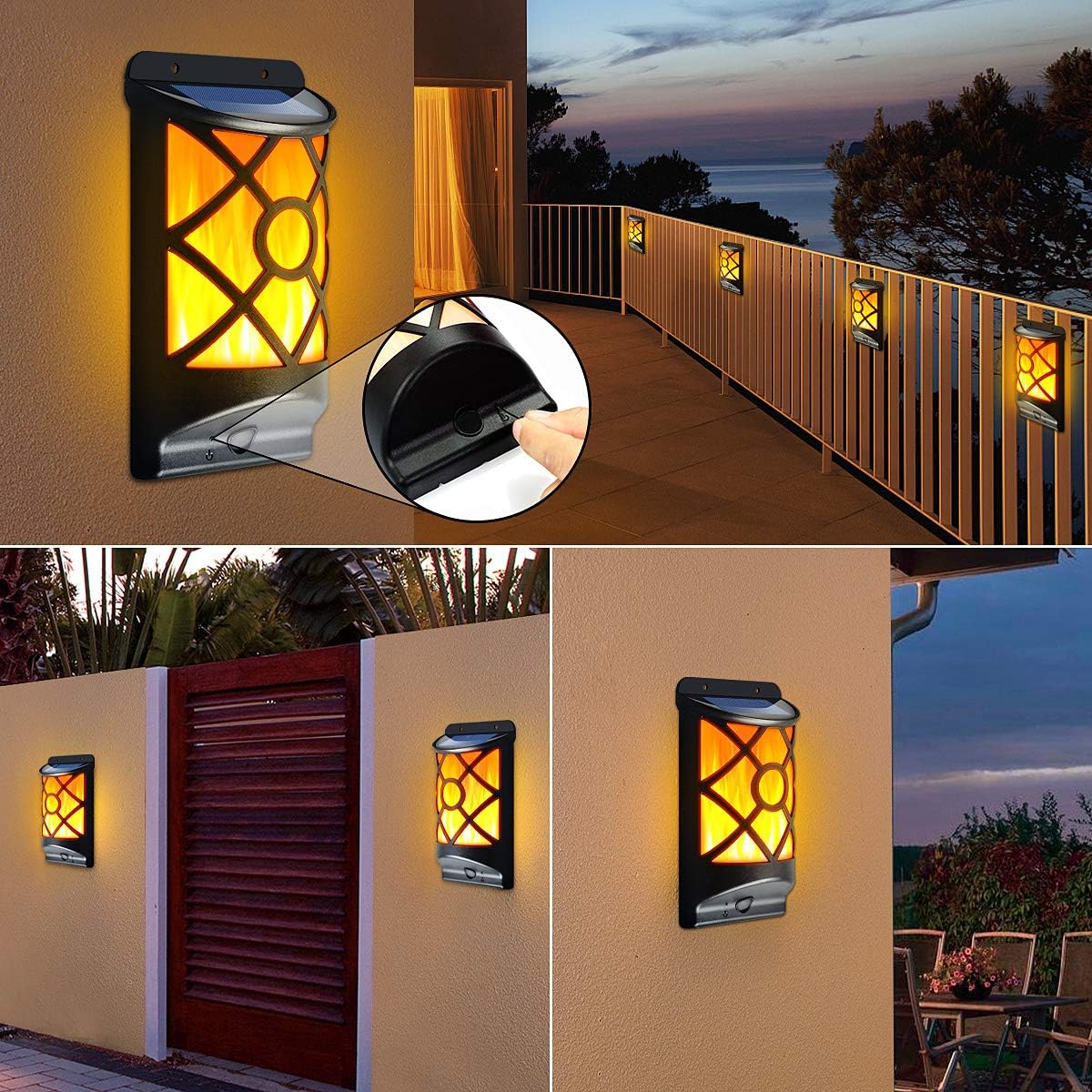 Solar Flame Lights Outdoor, Realistic 3D Flickering Flames with 66 Ultra-Bright LEDs - Waterproof Wall Mount Lanterns for Deck, Fence, Patio, Garden, Auto On/Off (4-Pack Value Set)