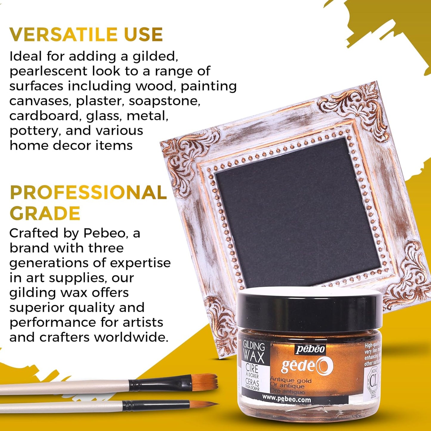 Pebeo Gilding Wax 30ml – Antique Gold Gilding Wax for Crafting, Antiquing Wax for Crafts and Professional Finishing – Gilding Wax for Wood, Metal, and More Bundled with Moshify Application Brushes