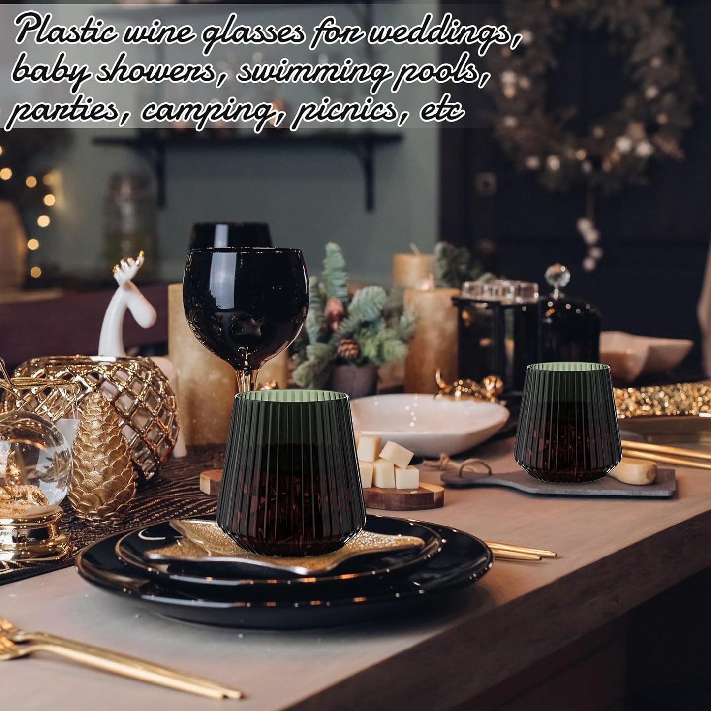 Suclain Plastic Wine Glasses Ribbed Stemless Wine Glasses 14oz Vertical Design Unbreakable Cups for Outdoor Indoor Vintage Elegant Champagne Whiskey Cups for Party Wedding(Black,50 Pcs)