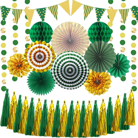 Paper Fans Party Decorations Glitter Paper Triangle Flag Pennant Banner Tassel Garland Circle Banners Party Supplies for Bachelorette, Birthday, Engagement Wedding, Baby Bridal Shower Green Gold