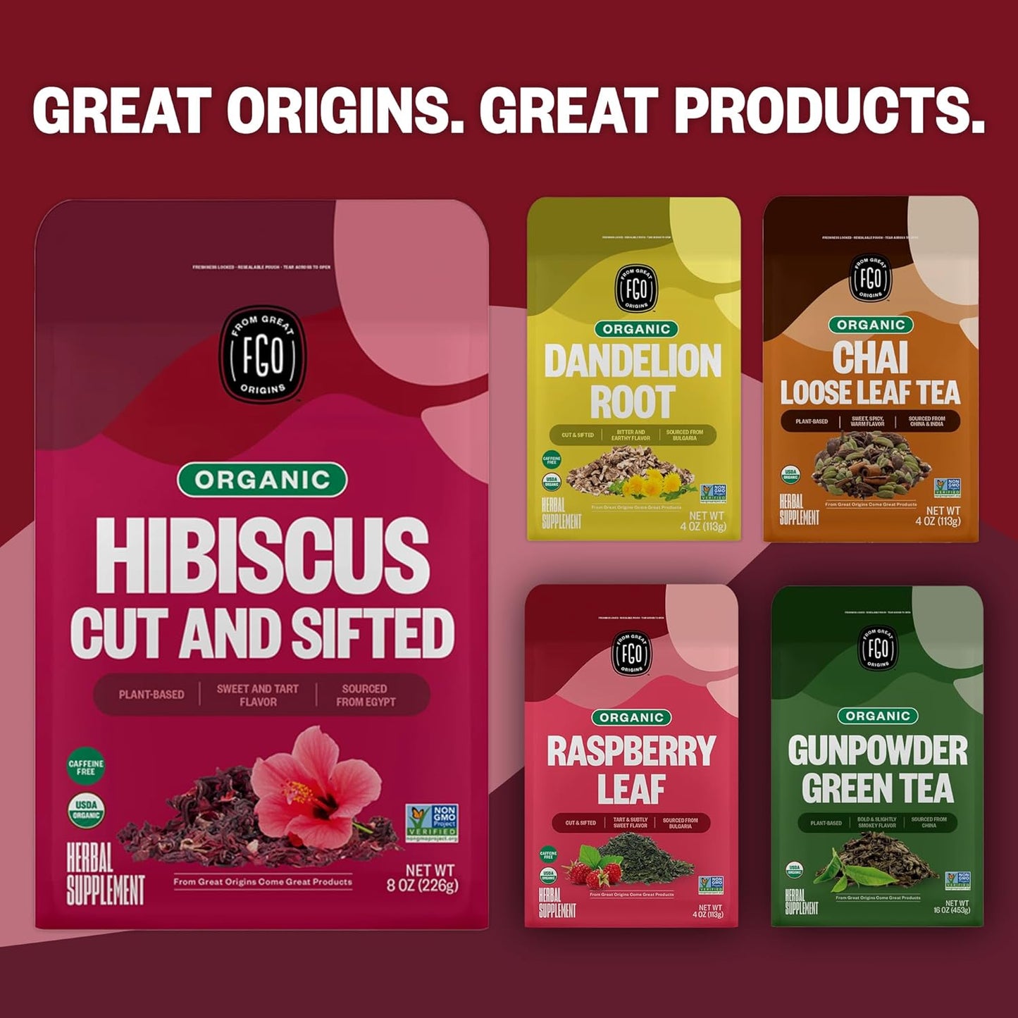 FGO Organic Hibiscus Flowers, Cut and Sifted Loose Tea, 16 Ounce Bulk Resealable Bag (Pack of 2)