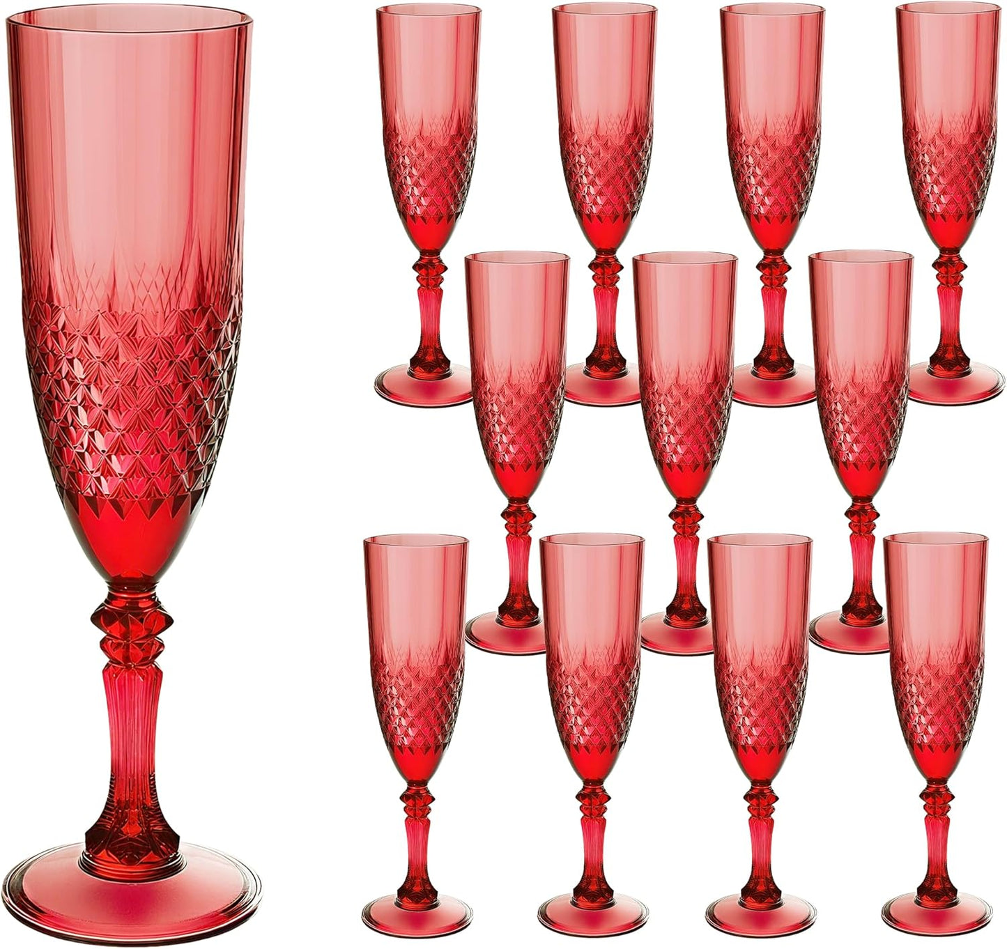Plastic Champagne Flutes, 12PCS Dark Red Wine Glasses Goblets Cups Reusable Flute, for Christmas Weddings Bachelor Parties Toasting and Events(12, Dark Red)