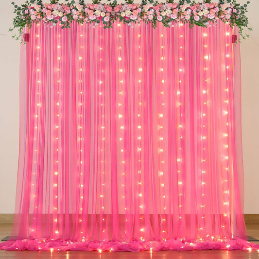 Hot Pink Tulle Backdrop Curtain with Lights for Parties 10x10ft Fuchsia Sheer Backdrop Curtains for Weddings Birthday Baby Shower Photo Shoot Background Decorations