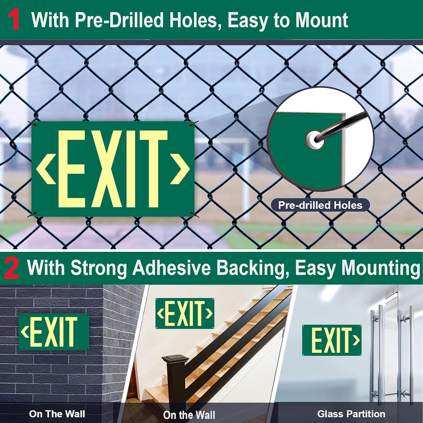 2Pack Photoluminescent Exit Sign Green - 14.25"x 7.5" Aluminum Glow In The Dark- Adhesive Backing- Includes 4pcs Removable Arrows