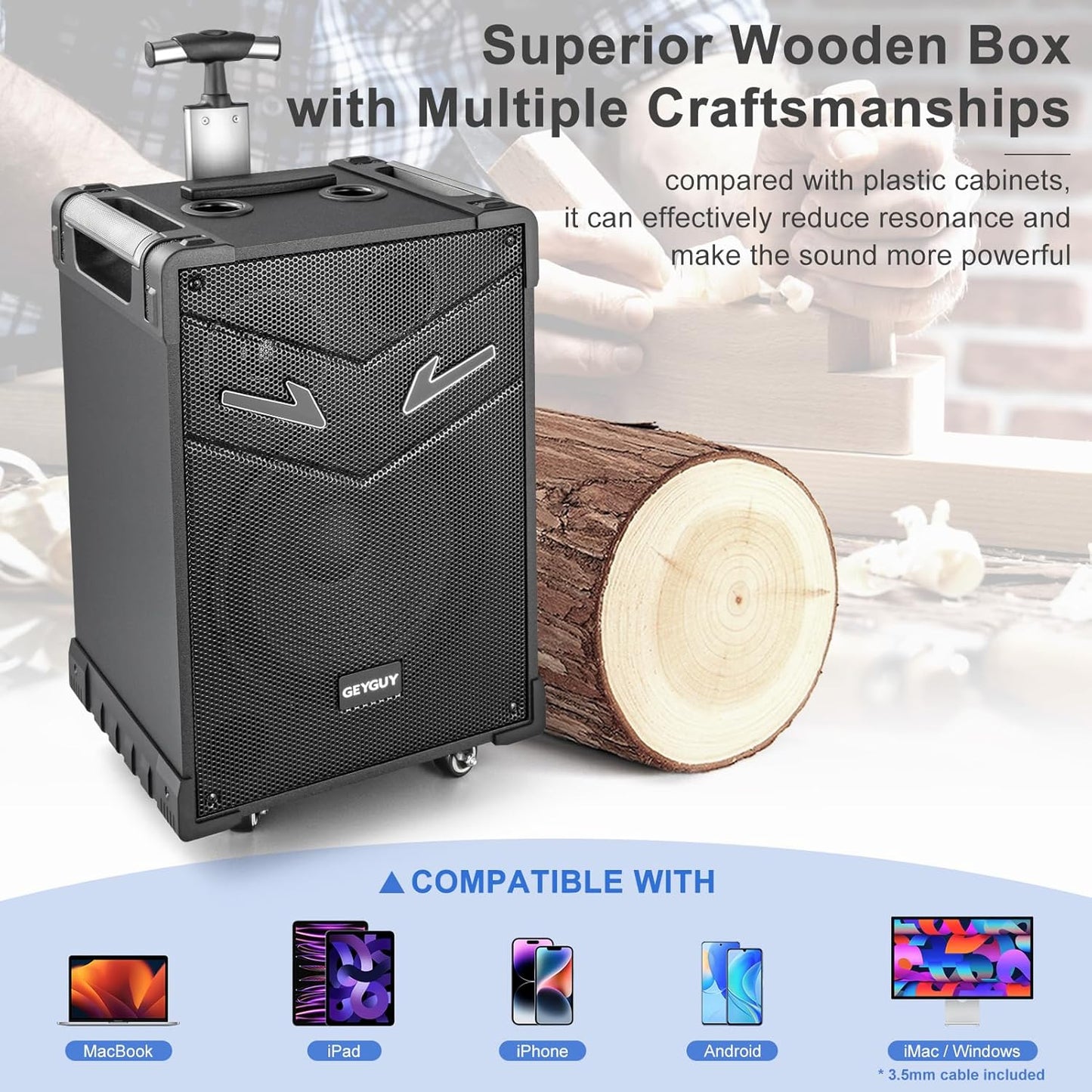 GTSK10-3 3-Way Portable Bluetooth PA Speaker with Wireless Microphones, 10" Subwoofer, Party Speaker with DJ Lights, USB/FM/TWS/Guitar Input, Rechargeable for Outdoor Events