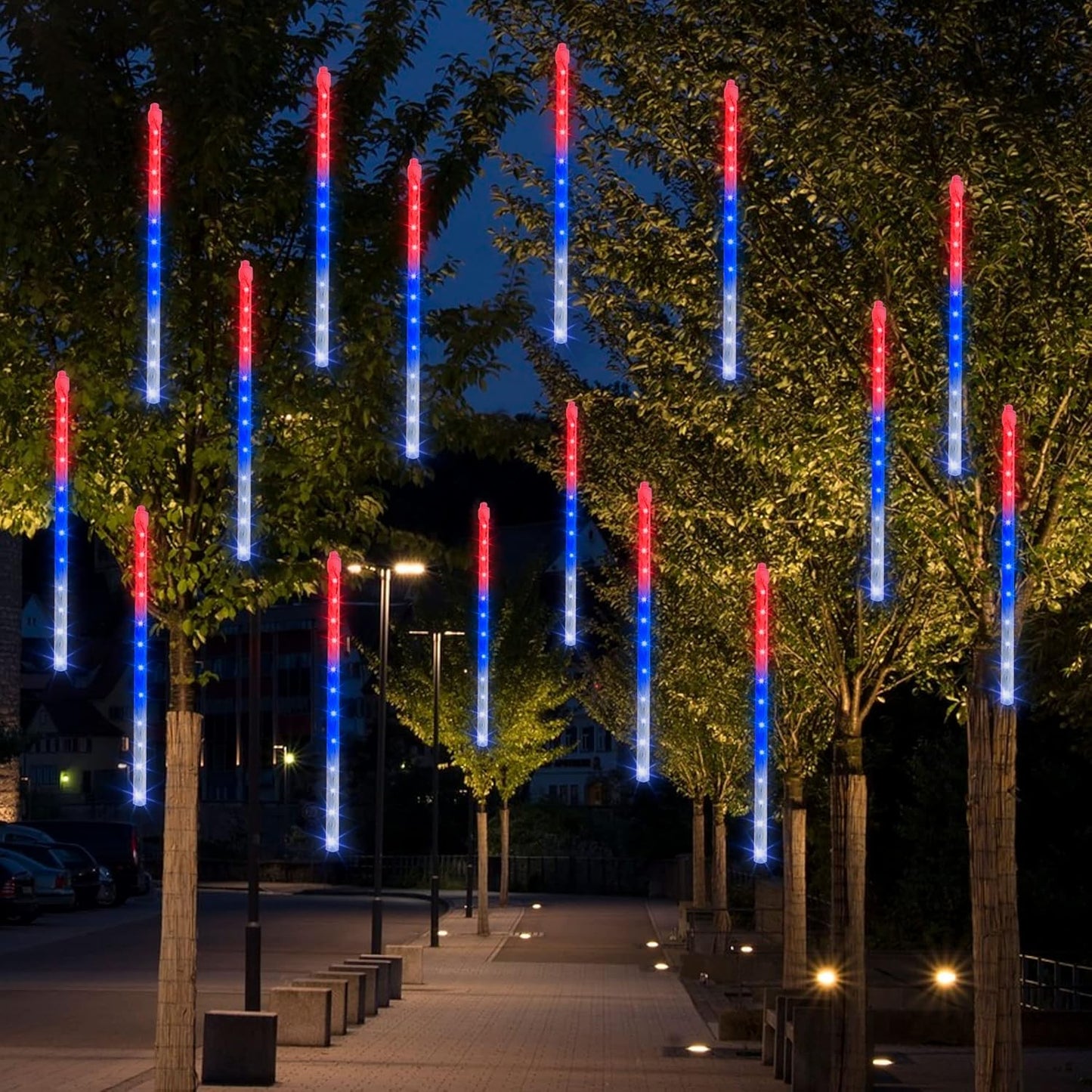 Dazzle Bright 4th of July Lights Decorations, 288LED Red Blue and White Meteor Shower Rain Lights 12Inch 8 Tubes, Waterproof Plug in Falling Rain Light Independence Day for Outdoor Yard