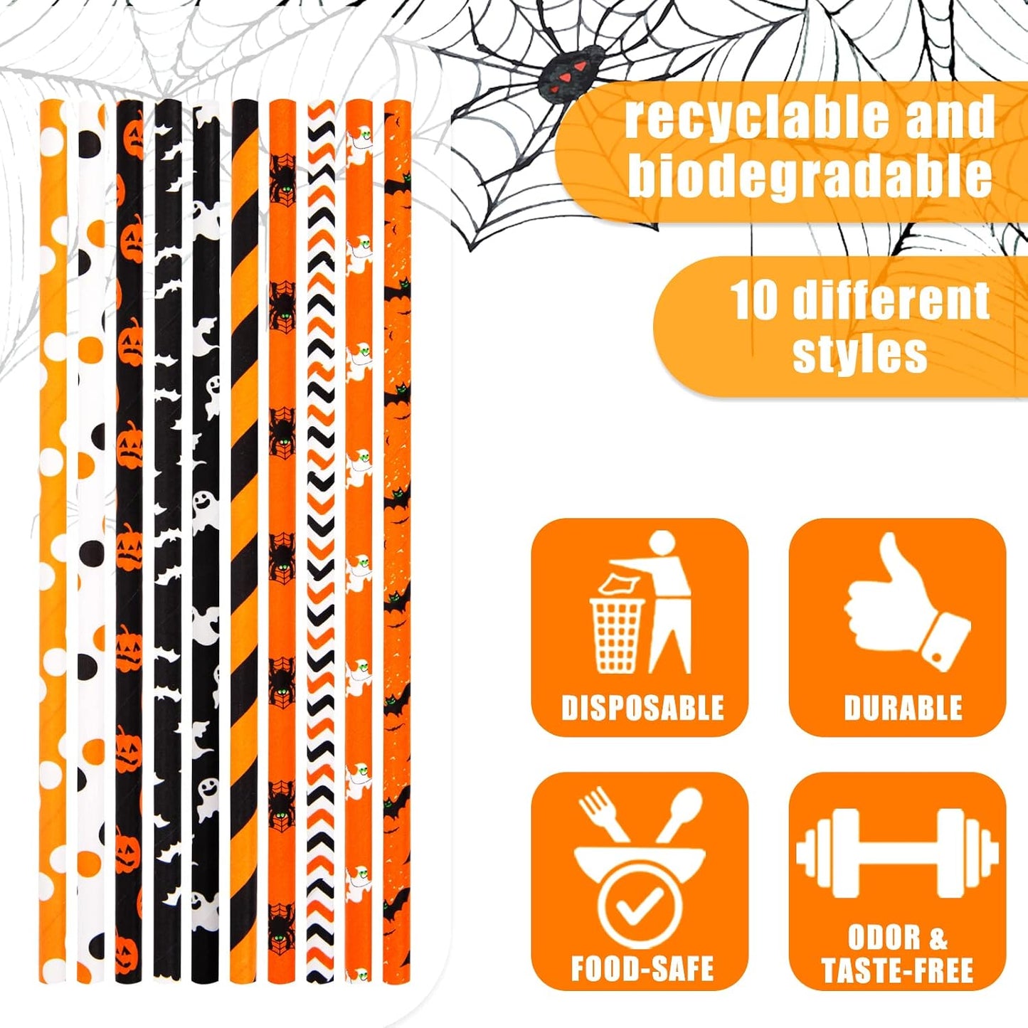 HANSGO Halloween Paper Straws, 180PCS Paper Drinking Straws Bulk for Decorating Halloween Party Cupcake