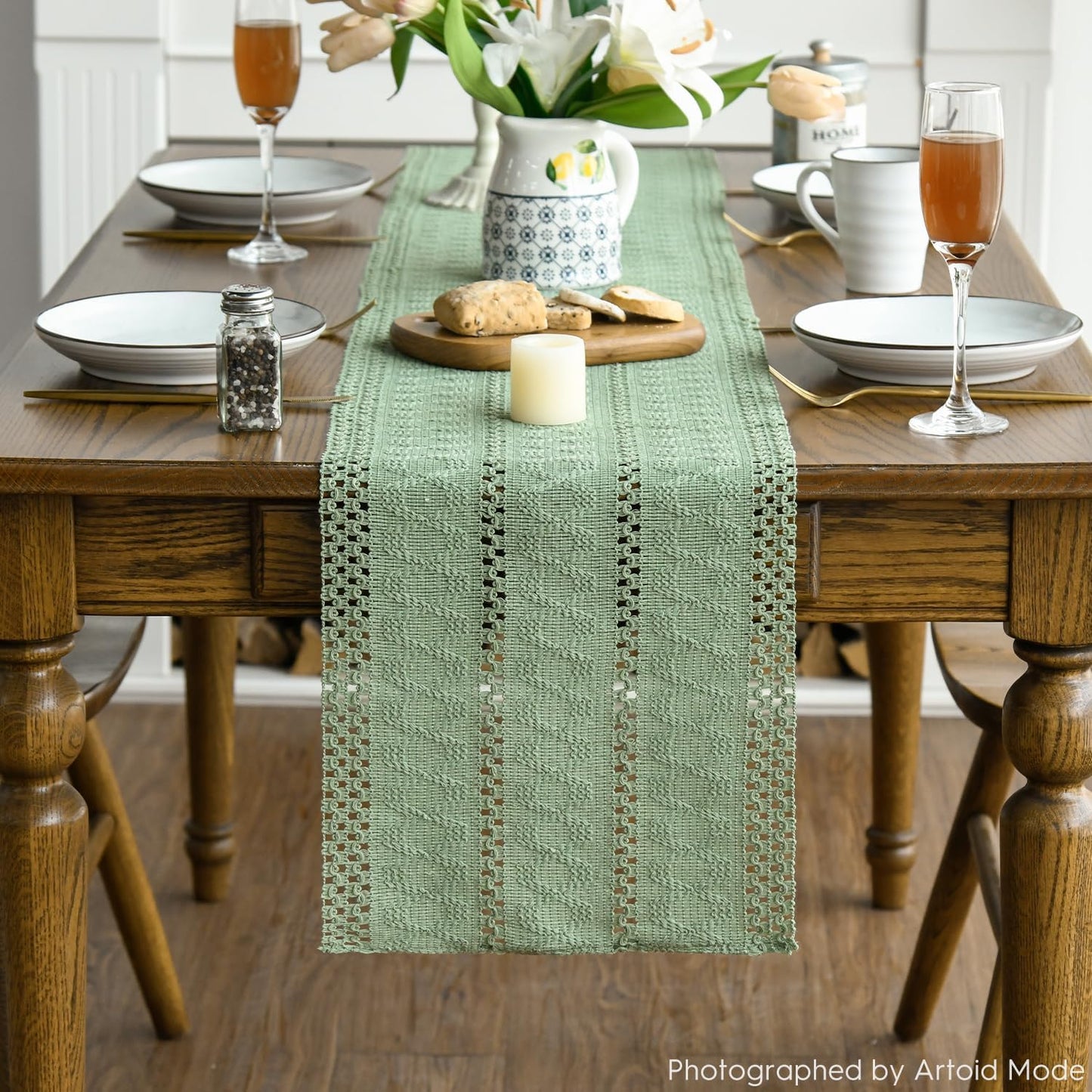 Artoid Mode Light Green Farmhouse Woven Rustic Hollow Table Runner, Seasonal Holiday Hollow Kitchen Dining Table Decoration for Home Party Decor 12x90 Inch