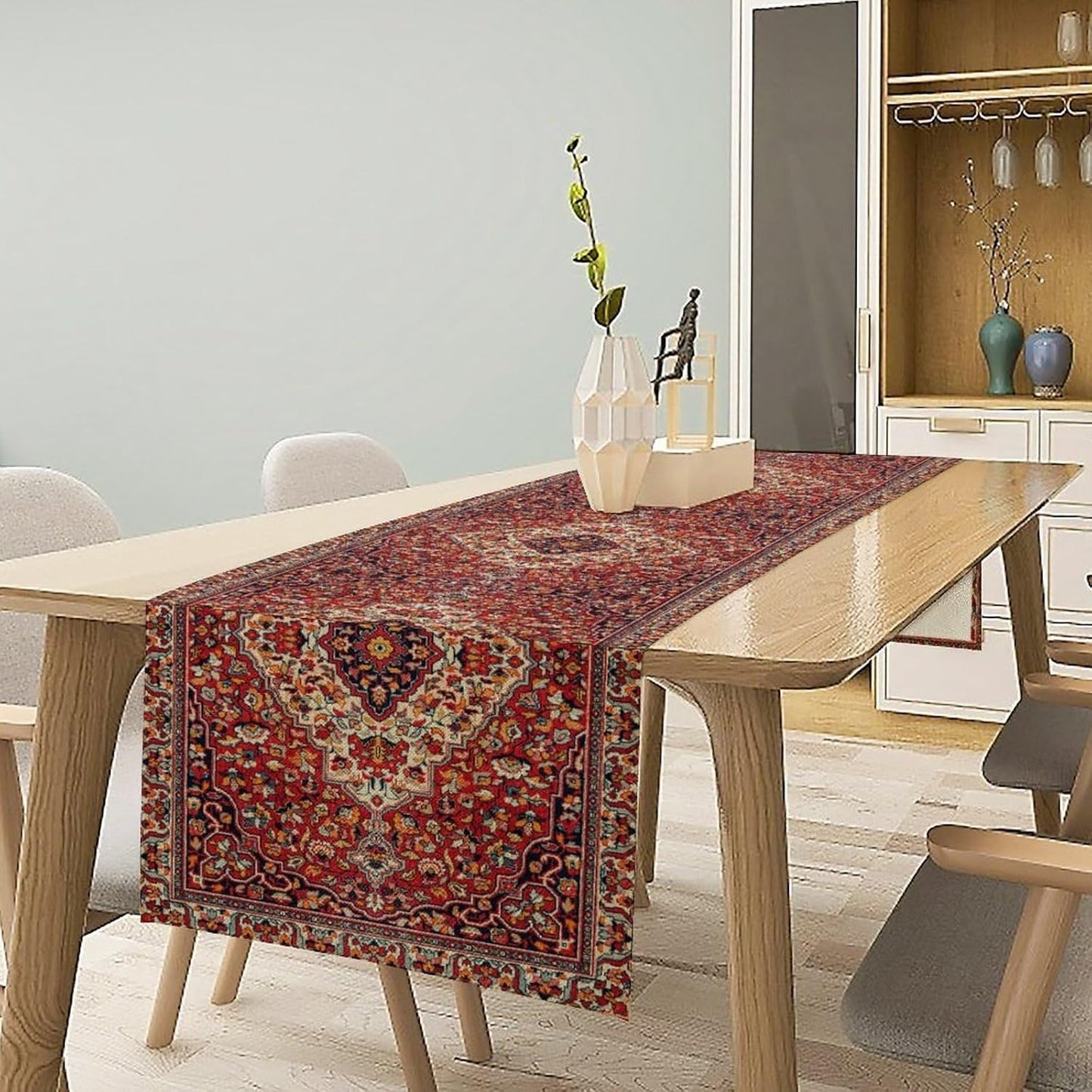 Boho Floral Vintage Table Runner, Paisley Retro Red Flower Rustic Country Farmhouse Abstract Pattern for Home Kitchen Table Decor Dining Coffee Room Party Decor 13x90in