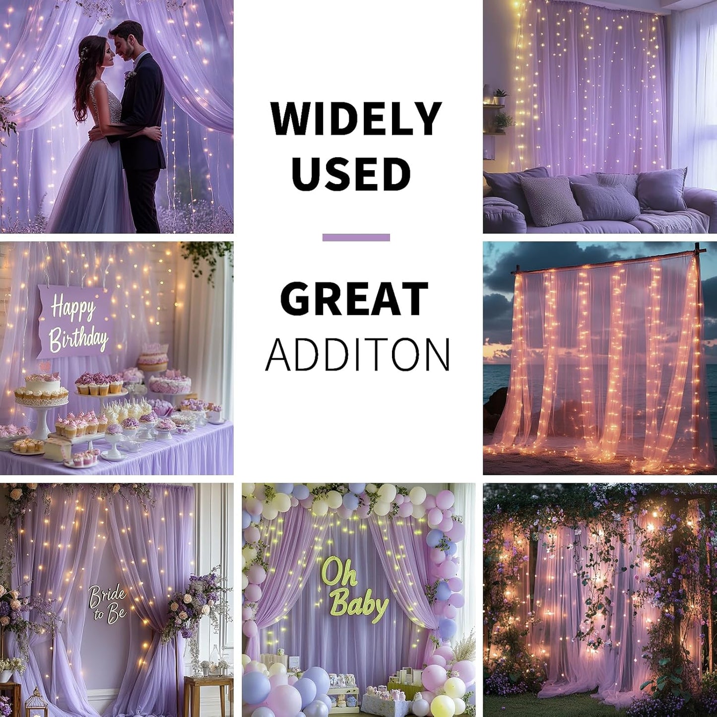 Lavender Tulle Backdrop Curtain with Lights String - 10x8ft Sheer Backdrop with 250 LEDs for Wedding, Baby Shower, Bridal Shower, Birthday Party Photo Shoot Background and Home Decorations