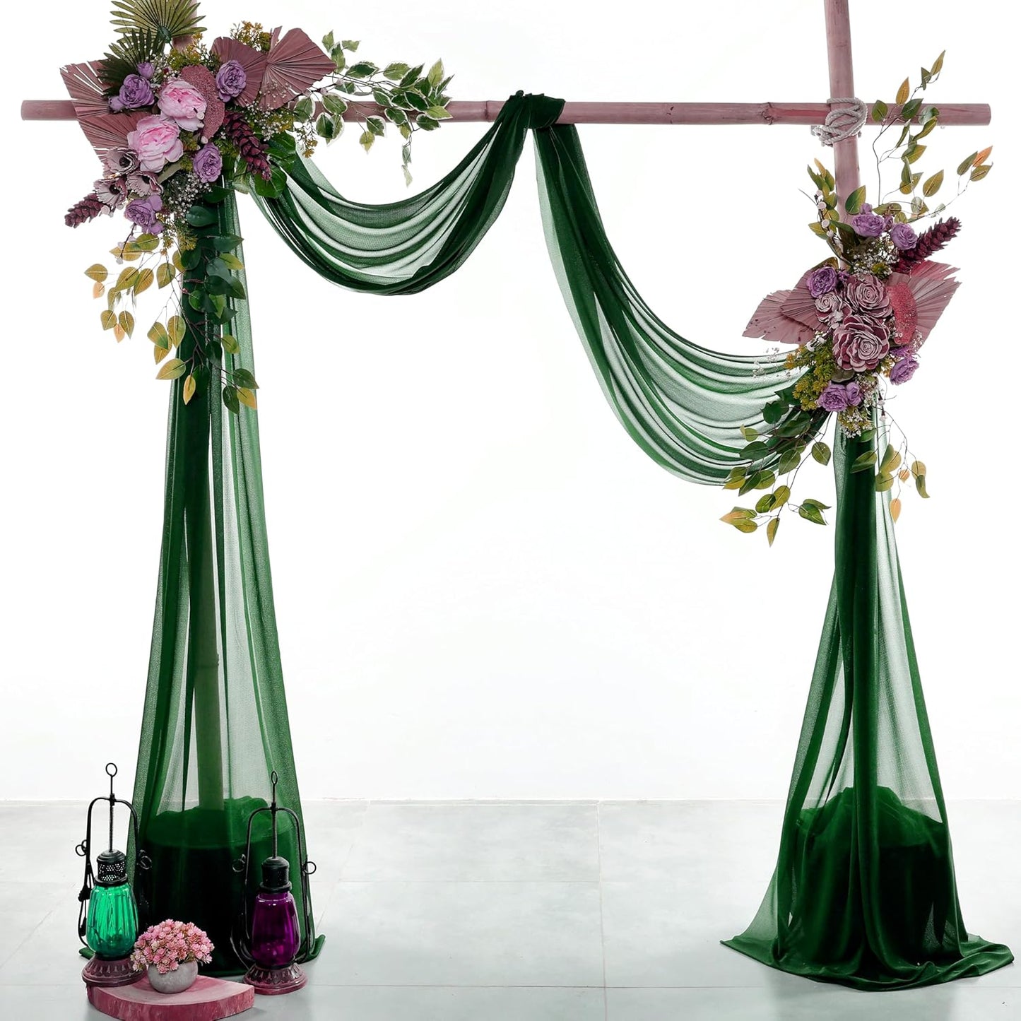 VDS Pack of 4 Panel (30 Inch X 20 Feet) Wedding Arch Draping Fabric Sheer Chiffon Fabric Drapery for Wedding Ceremony Reception Swag Backdrop Canopy Chuppah ARBO Altars Decoration (Hunter Green)