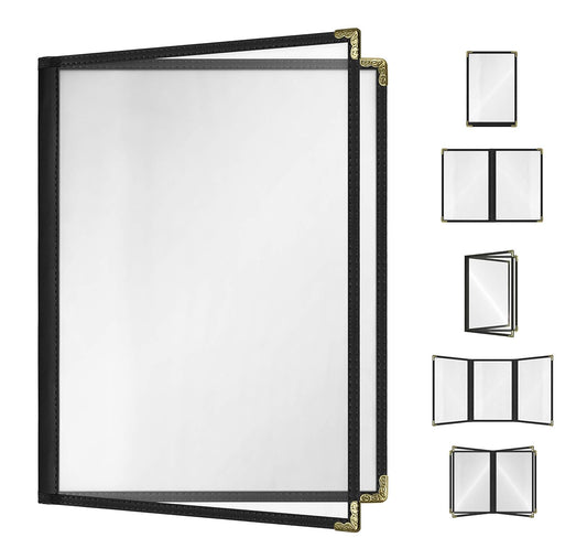 Goodsmart Restaurant Menu Covers - 25 Pack Black 8.5" x 11", 2-Page/4-View, Side-Loading Vinyl Menu Holders, Clear Sleeves, Double-Stitched Edge, Leather-Style Café Covers with Gold Corners