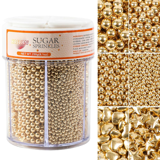 Kasvan Gold Pearl Sugar Sprinkles, 6 Sizes Mix for Cake Decorating, 230g/8.1oz, Ice Cream Toppings and Cookie Decorating, Wedding Party Chirstmas Supplies (Gold)