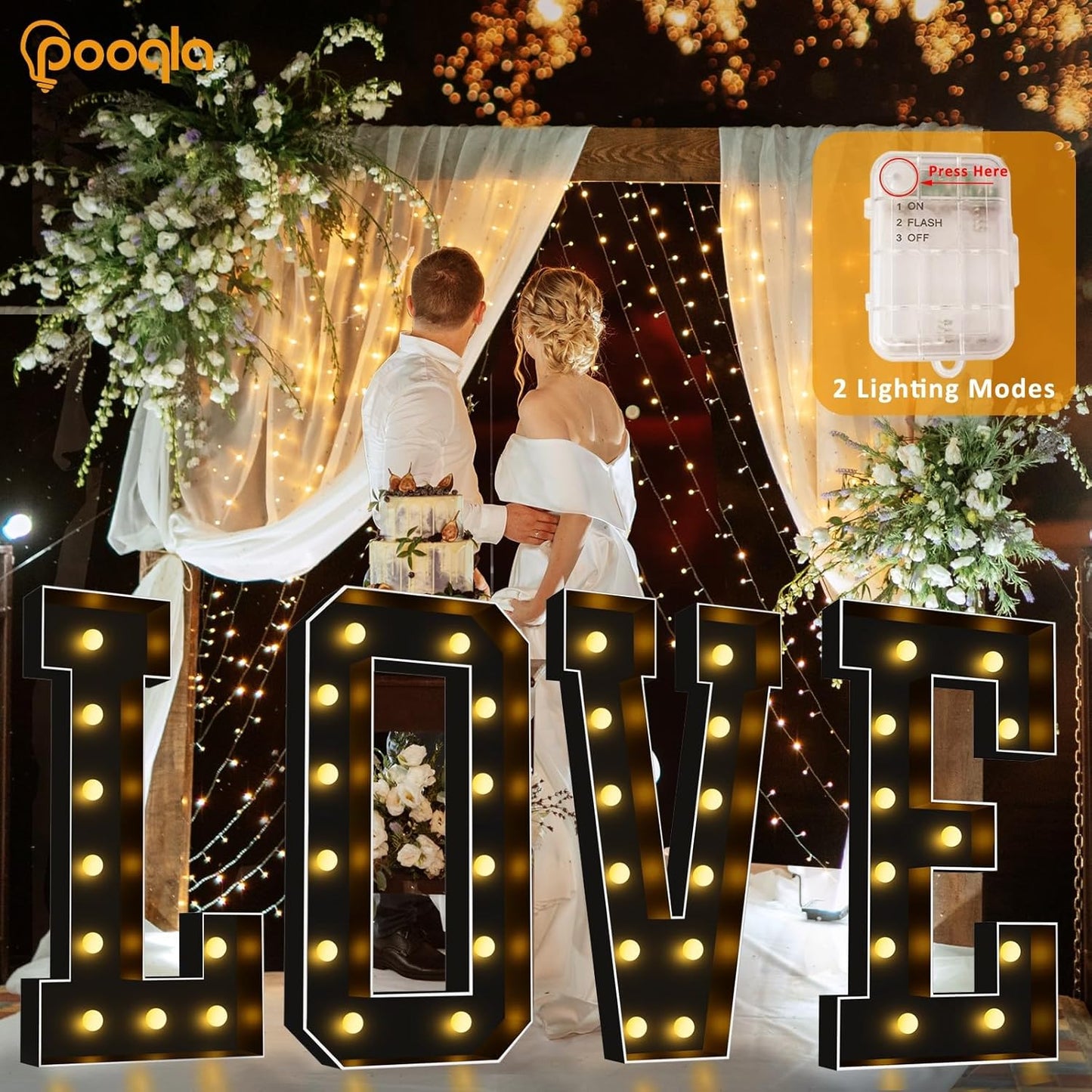 Pooqla 4 FT Marquee Light Up Letters, Black Marquee Letter Lights 4 Feet Tall for Birthday Decoration, Big Mosaic Letters Sign for Balloons Party Anniversary Wedding Decorations, Giant Warm White W