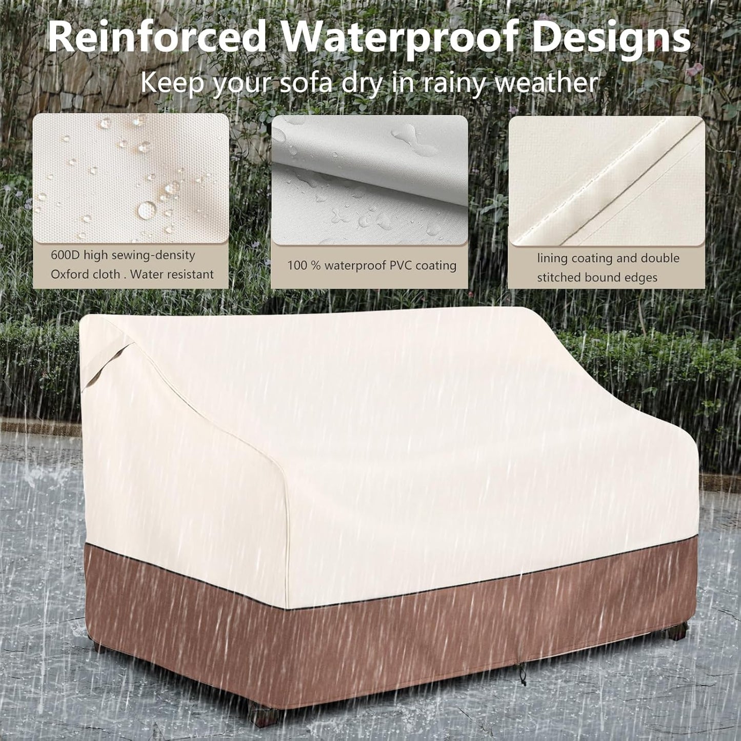 Okcool Heavy Duty Patio Sofa Cover, 100% Waterproof 2-Seater Outdoor Sofa Cover Fits up to 58W x 32.5D x 31H Inches, Lawn Patio Furniture Covers,Beige & Brown