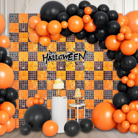 24PCS Black Orange Shimmer Wall Backdrop, Halloween Square Sequin Photo Backdrops Panel, Glitter Wall Background for Halloween, Birthdays, Weddings, Christmas, Engagements, Party Decor (4FTx6FT)