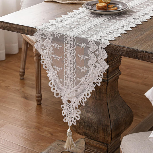 patdrea Designer Vintage White Lace Table Runner,Crochet Decorative Table Covers,Chiffon Embroidered Tasseled Table Runners, Cutwork Dresser Runners,Christmas Wedding Party Bridal 16x102 Inches Long