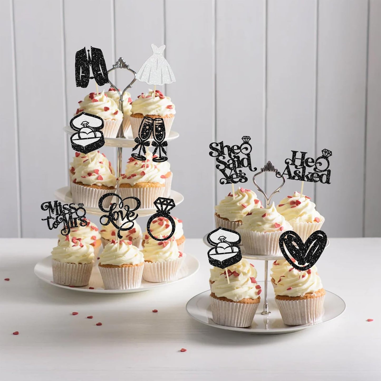 Gyufise 30Pcs She Said Yes Cupcake Toppers Glitter Diamond Ring I Do Love Cupcake Picks Miss to Mrs He Asked Bridal Shower Wedding Engagement Bachelorette Cake Decoration Black