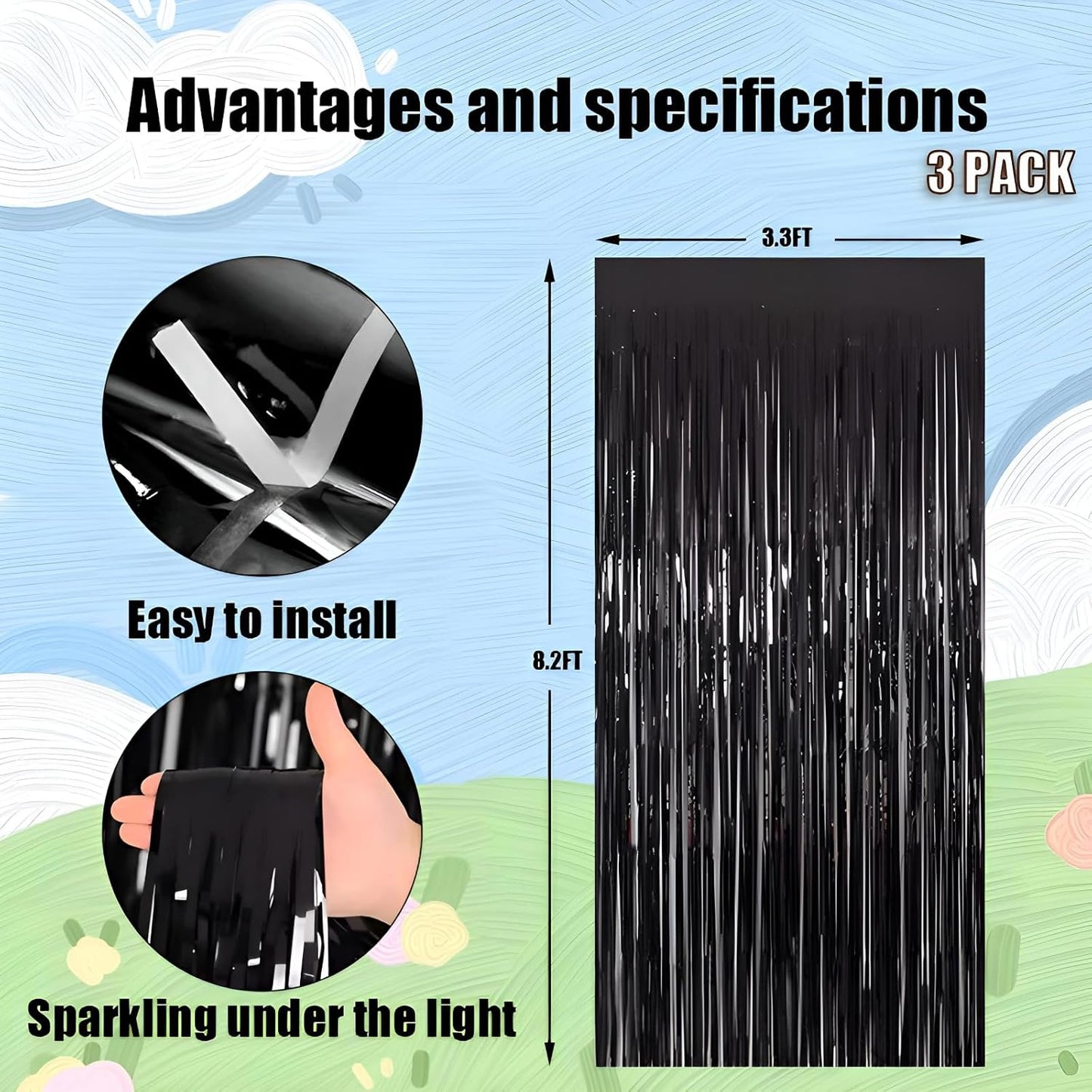 Keyali 3 Pack 3.3 * 8.3 ft Foil Curtain Metallic Tinsel Fringe Curtains Photo Booth Props Backdrop for Birthday Wedding Engagement Baby Shower Christmas Holiday Celebration Partyl,Black