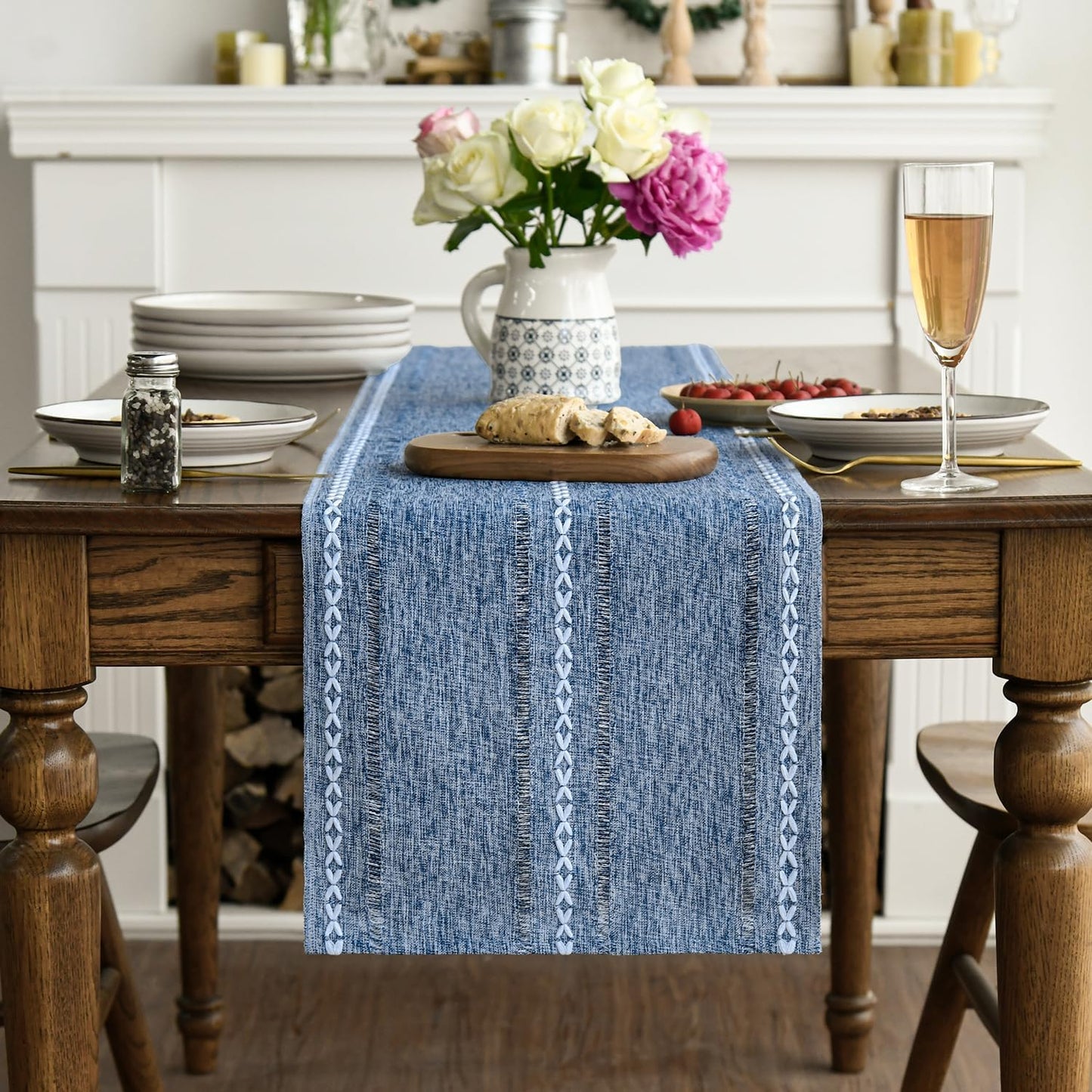 Artoid Mode Blue Rustic Cotton Linen Table Runner, Seasonal Embroidered Hollow Kitchen Dining Table Decoration for Home Party Decor 13x108 Inch