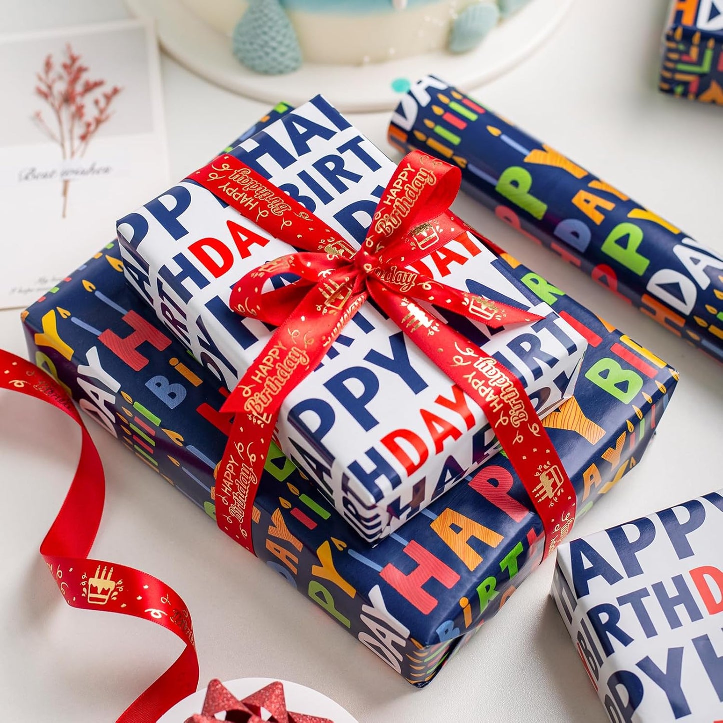 Yarcony Reversible Birthday Wrapping Paper Roll - 17 Inch X 33 Ft(46.8 Sq.Ft.Ttl) - Creative Colorful Happy Birthday Lettering & Candle Navy Blue Gift Wrap for Party, Baby Shower & Holiday
