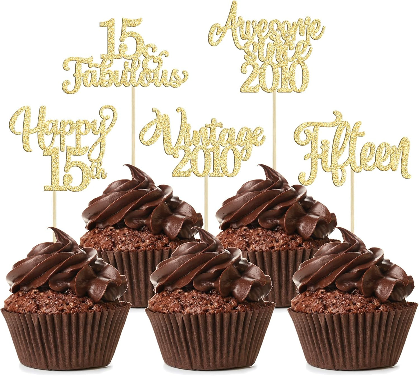 30Pcs Vintage 2010 Cupcake Toppers Glitter Fifteen Happy 15th Birthday 15 Fabulous Cupcake Picks Cheers to 15 Years for 15th Birthday Wedding Anniversary Party Cake Decorations Supplies Gold