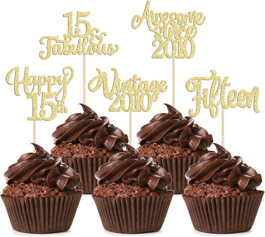 30Pcs Vintage 2010 Cupcake Toppers Glitter Fifteen Happy 15th Birthday 15 Fabulous Cupcake Picks Cheers to 15 Years for 15th Birthday Wedding Anniversary Party Cake Decorations Supplies Gold