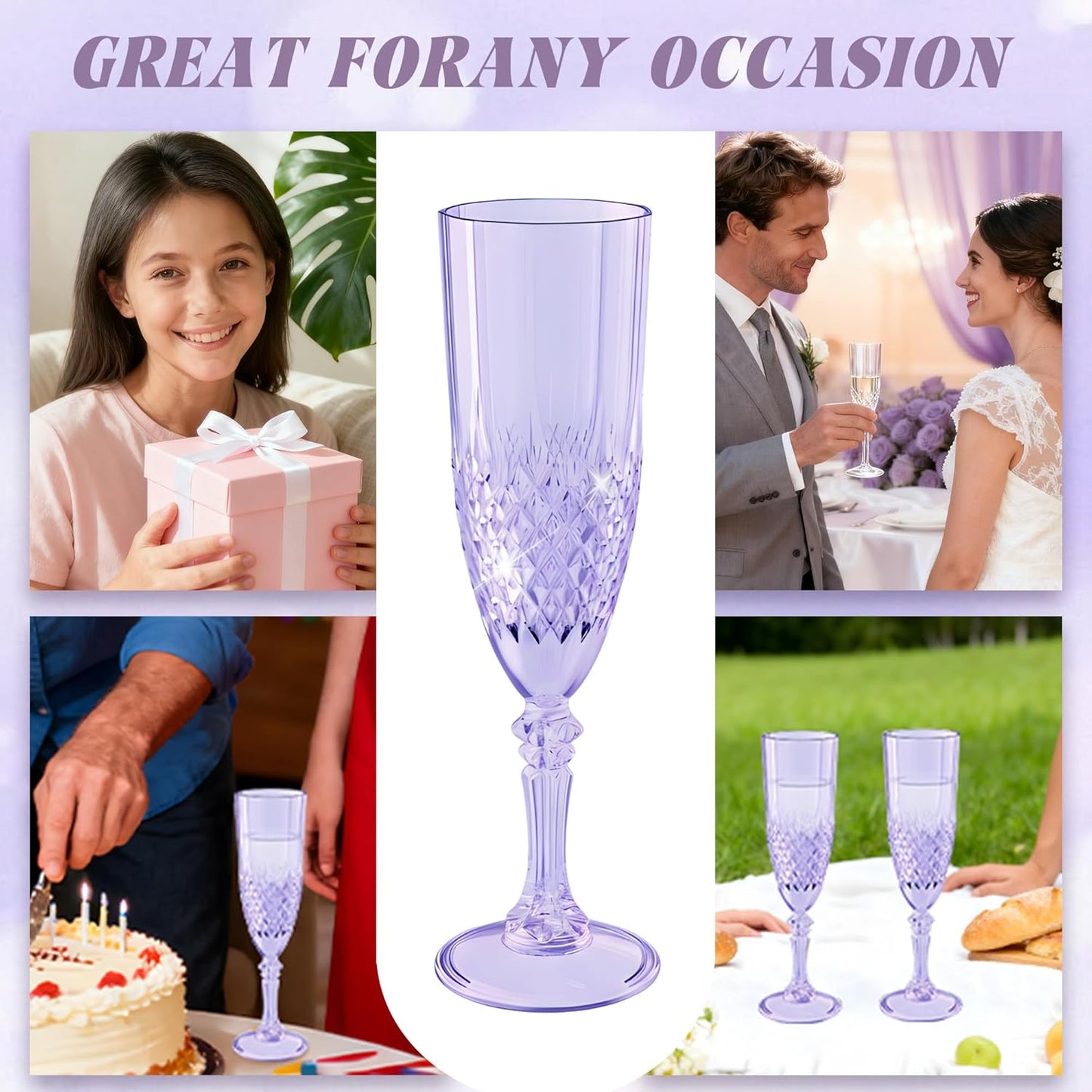 Plastic Champagne Flutes, 48PCS Purple Wine Glasses Goblets Cups Reusable Flute, for Weddings Bachelor Parties Toasting and Events(48, Purple)