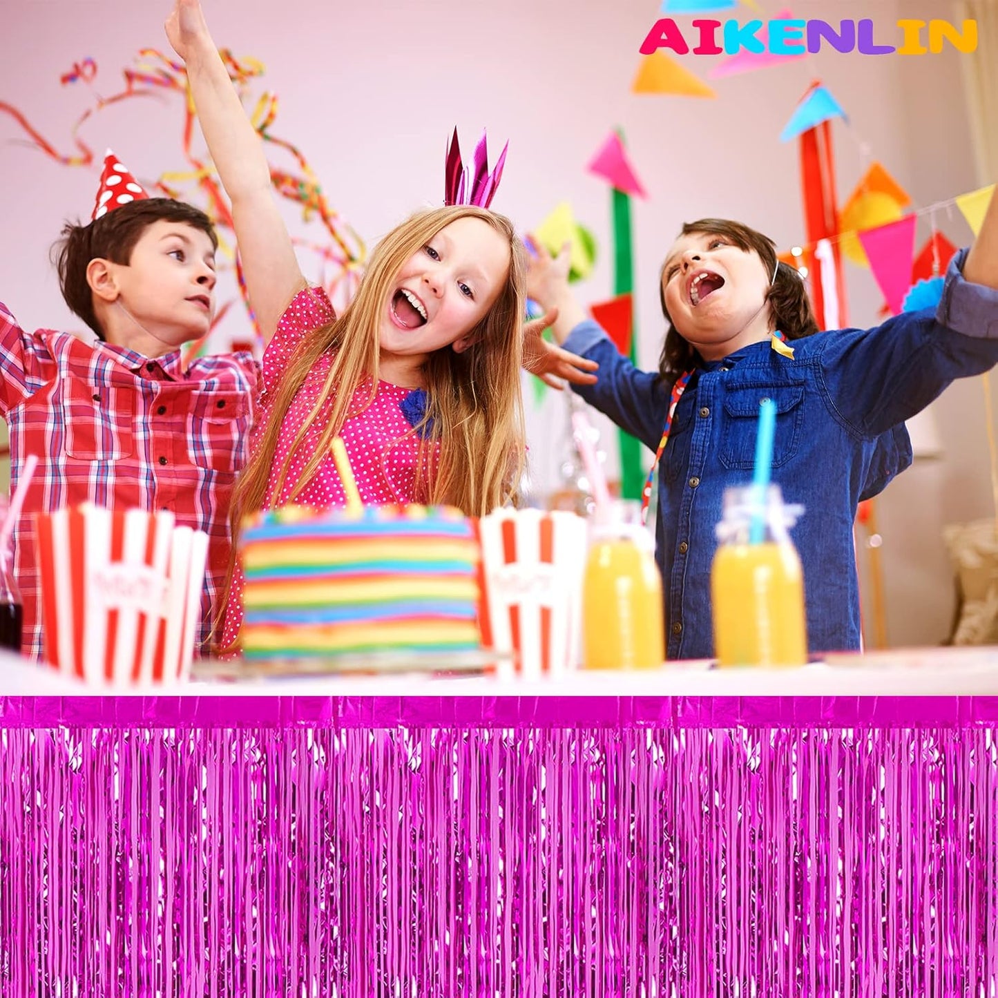 6 Pack 29x108 Inch Metallic Foil Fringe Tinsel Table Skirts Banner for Rectangle Tables Streamer Garland Curtains Backdrop for Wedding, Birthday, Parade Floats, Christmas Party Decoration(Fuchsia)