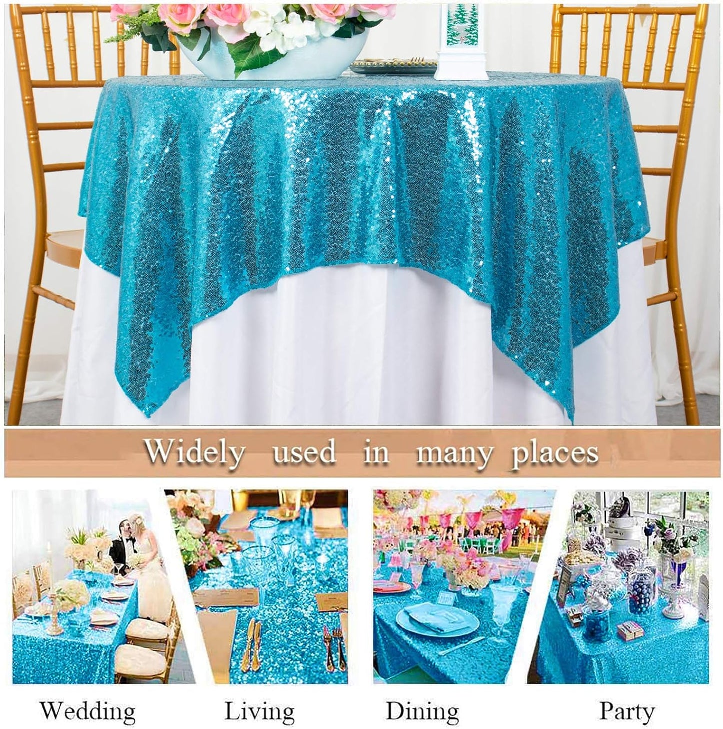 ShinyBeauty Turquoise Sequin Tablecloth, 54''x54'' Square, Elegant Table Overlay, All-Season Tablecover for Party, Event Decoration