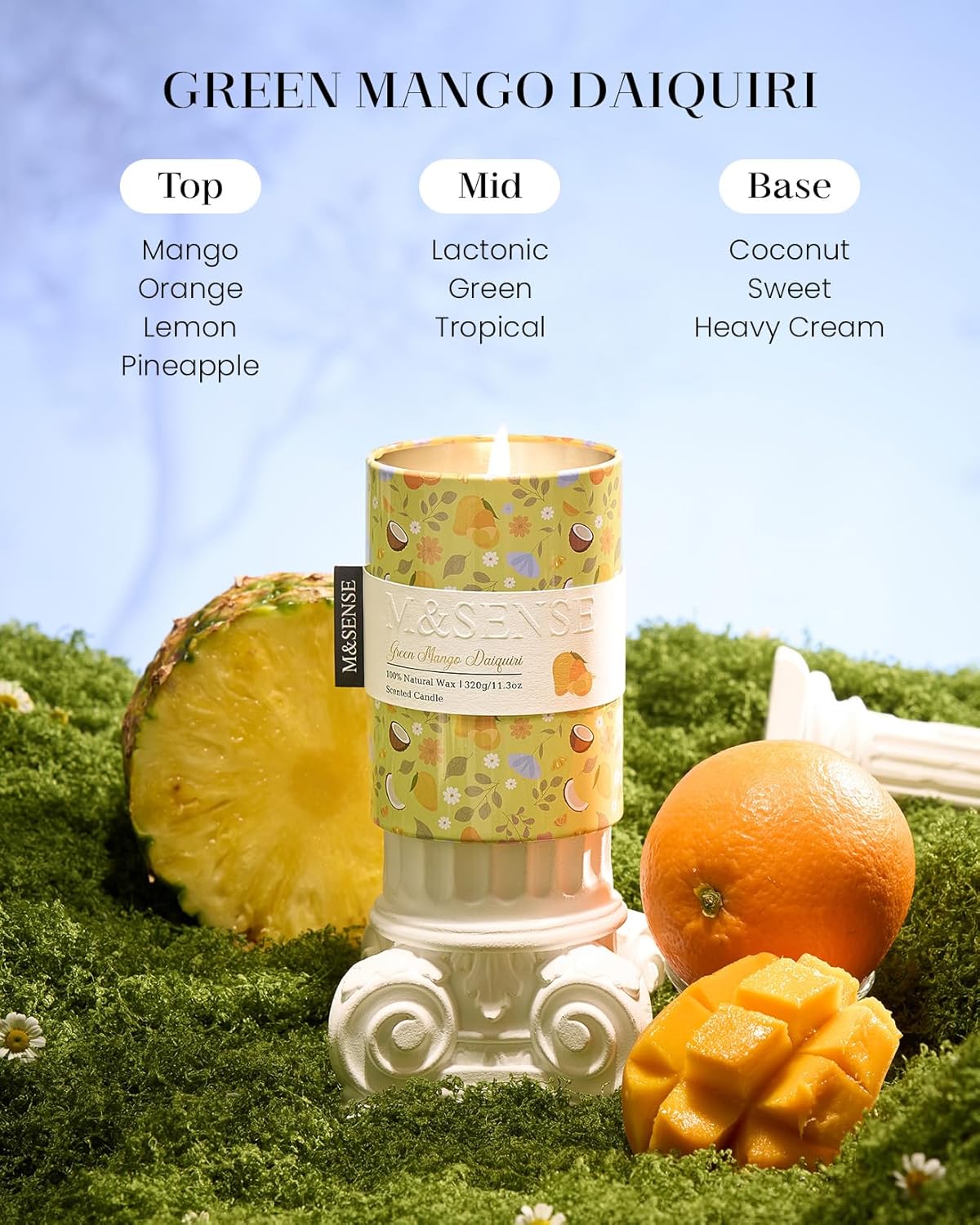 M&SENSE Green Mango Daiquiri Scented Candle, Medium Jar Candle 11.3oz Natural Soy Wax for Home Scented, Floral Candles Gift for Spring Holiday, Up to 70 Hours Burning Long-Lasting Fragrance
