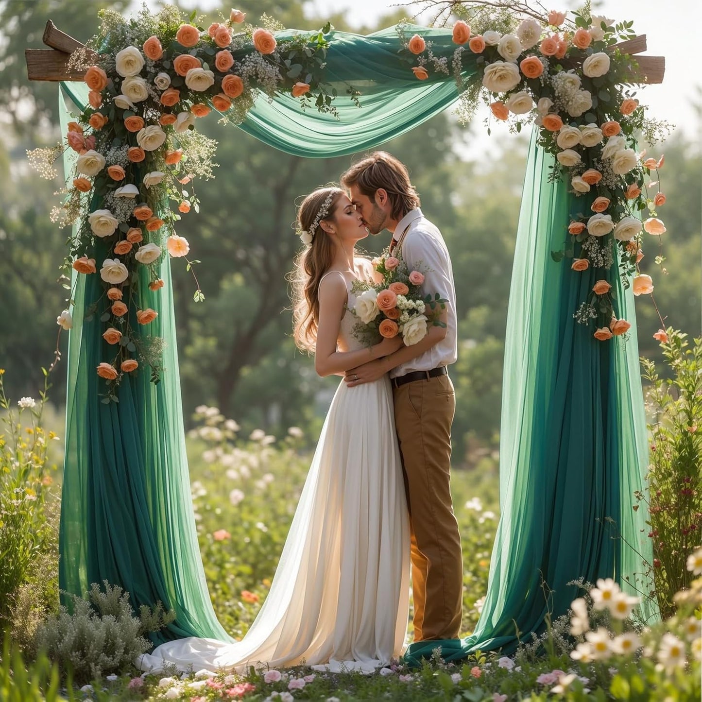 Wedding Arch Draping Fabric, 2 Panels 28" x 19Ft Emerald Green Arch Drapes Sheer Backdrop Curtain for Wedding Ceremony Party Ceiling Decor