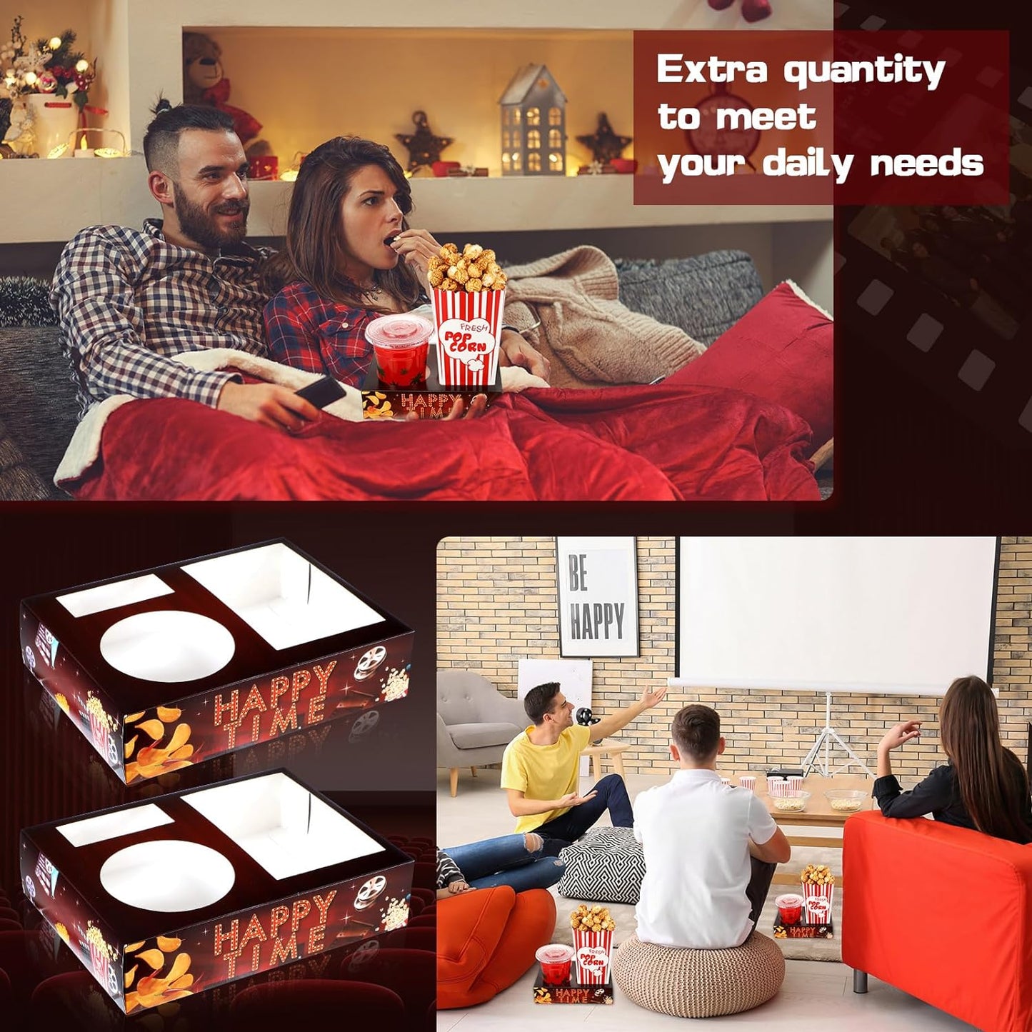 Faccito 36 Pcs Movie Night Snack Trays Movie Theater Snack Boxes Night Supply Disposable Paper Holder Tray for Popcorn Food Candy Drink Party 8 x 6 Inch(Dark Red,Retro Style)