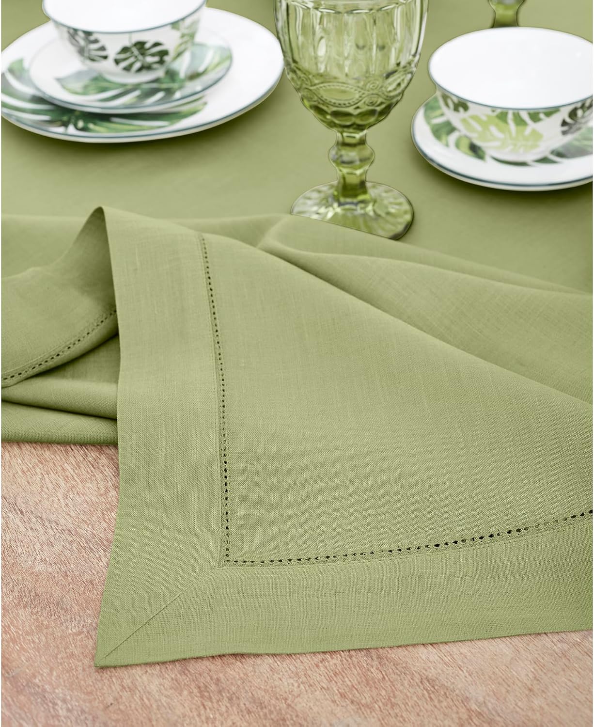 Solino Home Linen Tablecloth 60 x 144 Inch - Classic Hemstitch 100% Pure Linen Moss Green Table Cloth for Rectangle Tables - Machine Washable Tablecloth for Fall, Autumn, Thanksgiving
