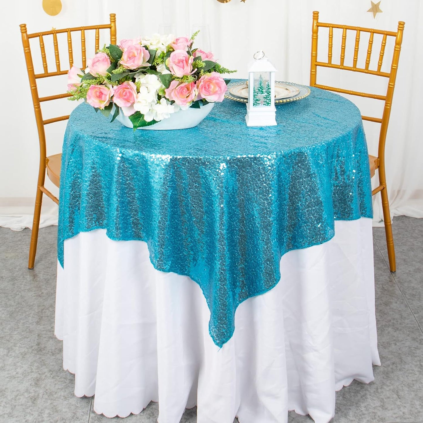 ShinyBeauty Turquoise Sequin Tablecloth, 54''x54'' Square, Elegant Table Overlay, All-Season Tablecover for Party, Event Decoration