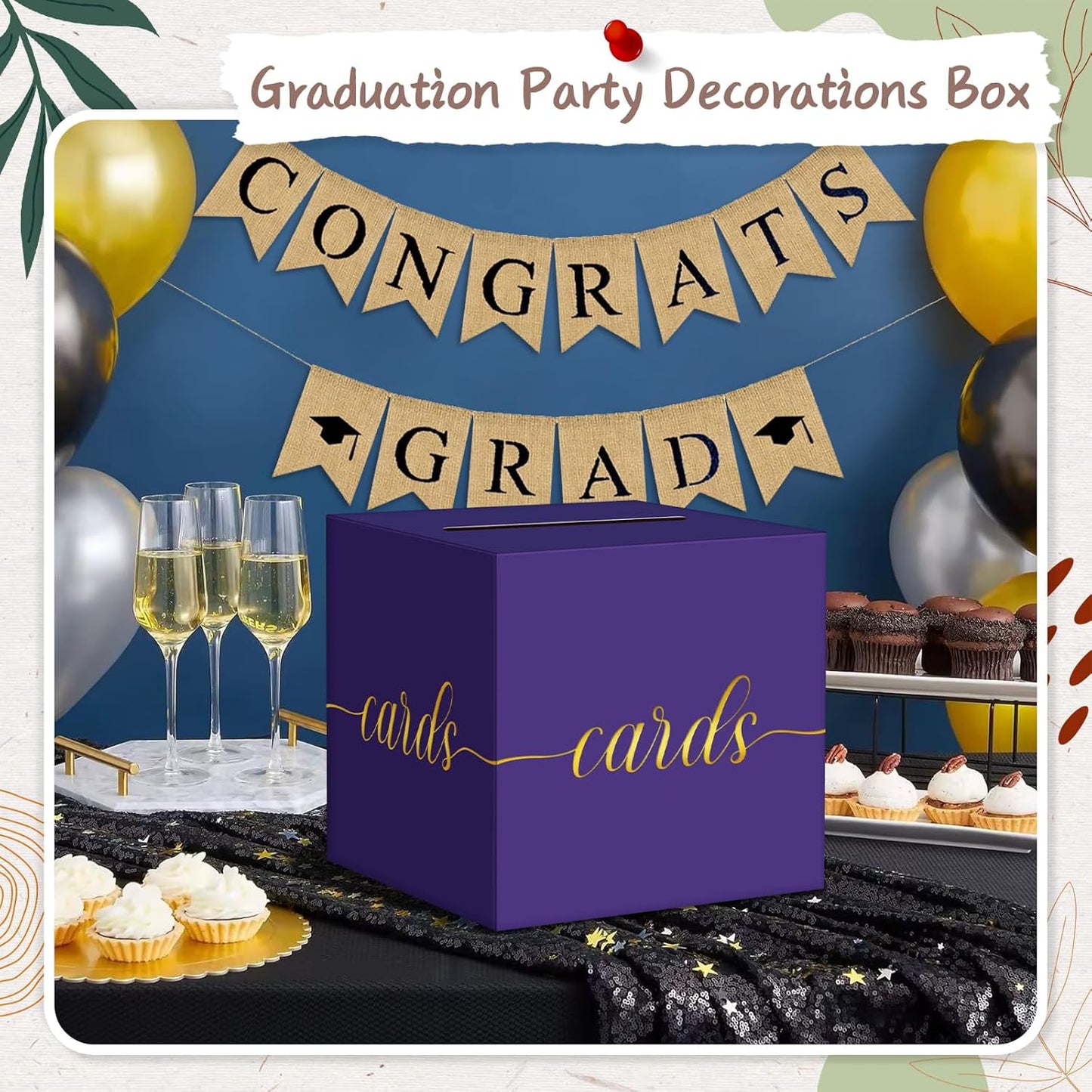 QIKSION Purple Graduation Card Box, Gold Foil Gift Card Box for Graduation, Party, Wedding Reception, Birthday, Baby Shower, Raffle
