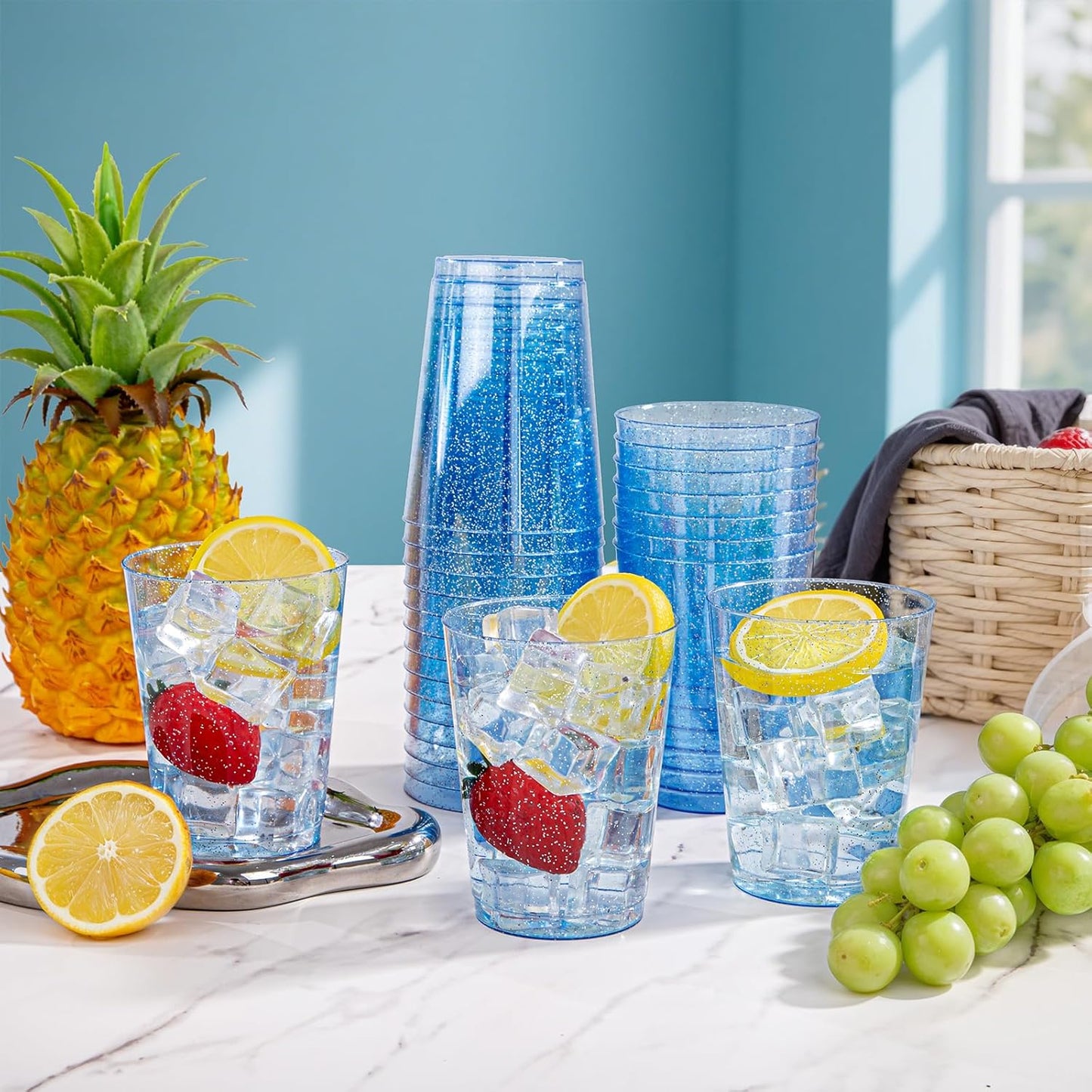 DaYammi 100 Pack Blue Plastic Cups 10 oz Disposable Cups Tumblers, Elegant Blue Glitter Party Drinking Cup Perfect for Wedding, Fancy Disposable Cup Plastic Cocktail Glasses Wine Glasses for Party