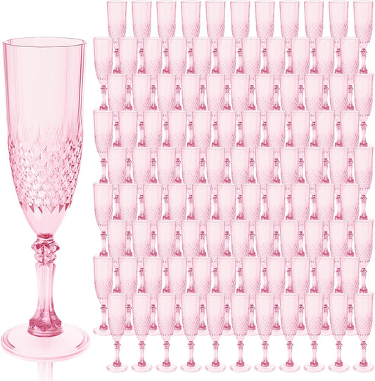 Plastic Champagne Flutes, 100PCS Pink Wine Glasses Goblets Cups Reusable Flute, for Weddings Bachelor Parties Toasting and Events(100, Pink)