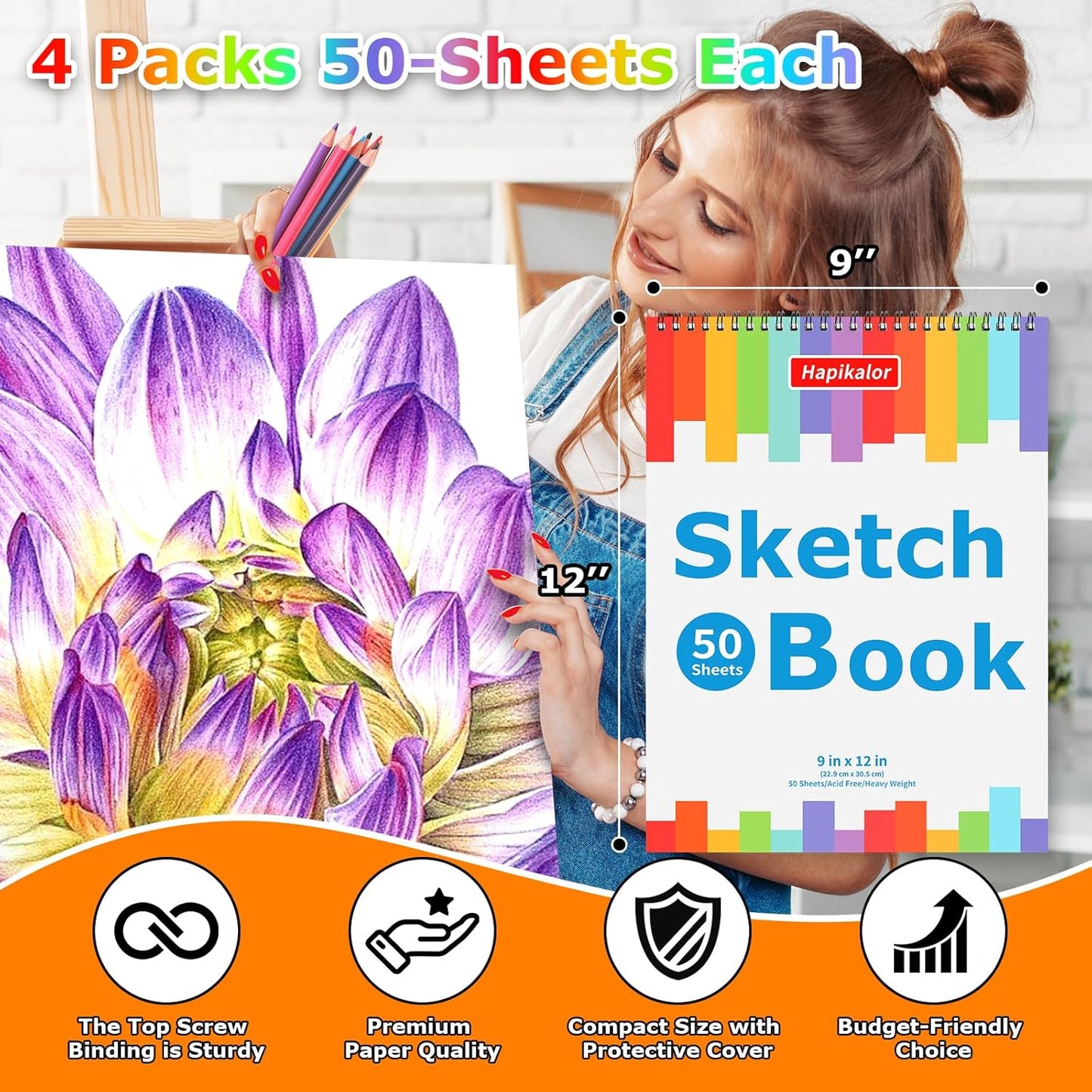 9" x 12" Sketch Book, 4-Pack 50 Sheets Spiral Bound Art Sketchbook, Acid Free Artist Drawing Paper Pad for Kids Adults, Party Art Supplies, Ideal Gifts for 8 9 10 11 12 13 14 Year Old Girl