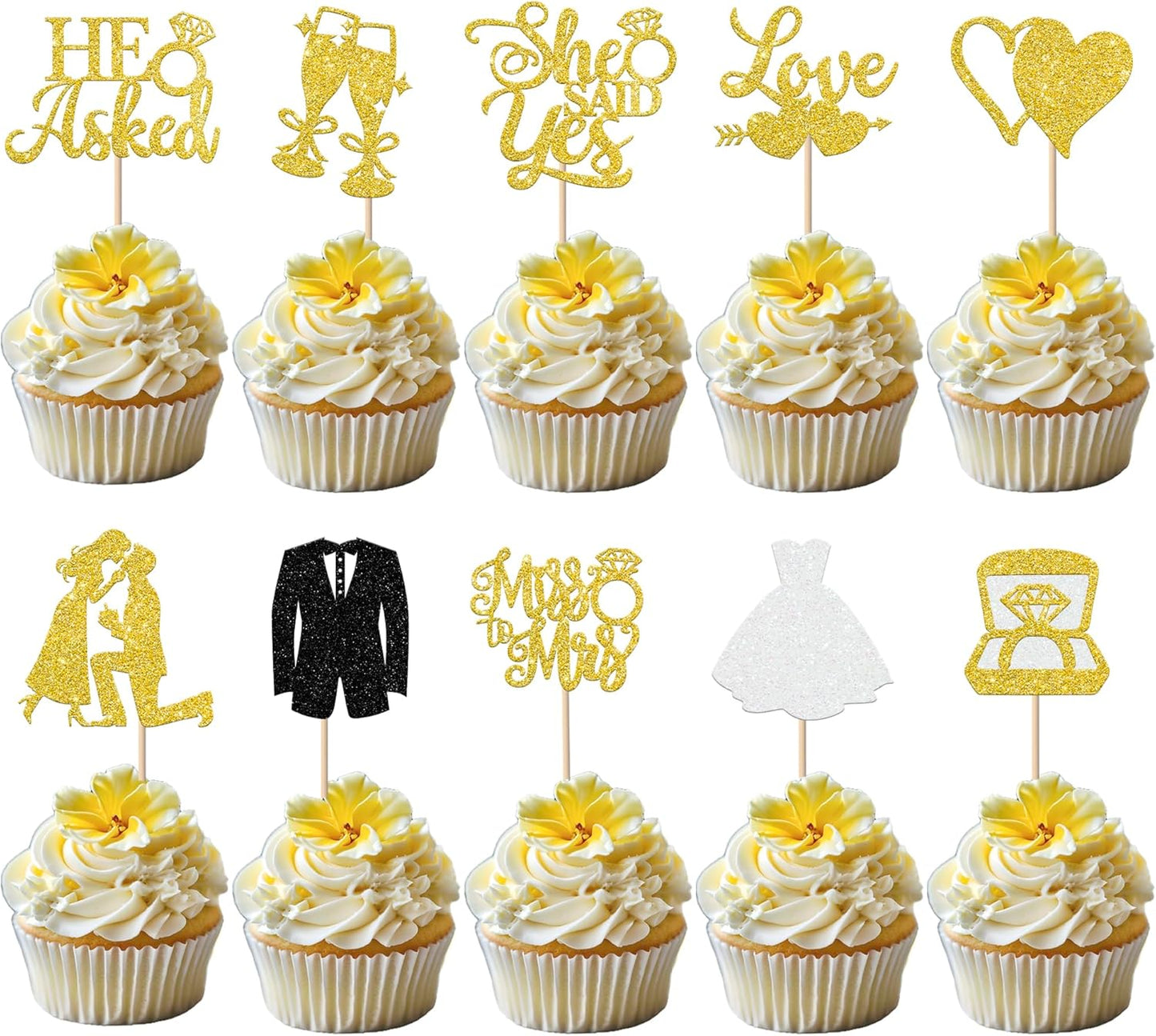 30 Pack Bride to be Cupcake Toppers Glitter Diamond Ring I Do Love Cupcake Picks Miss to Mrs He Asked She Said Yes Bridal Shower Wedding Engagement Bachelorette Cake Decoration Gold