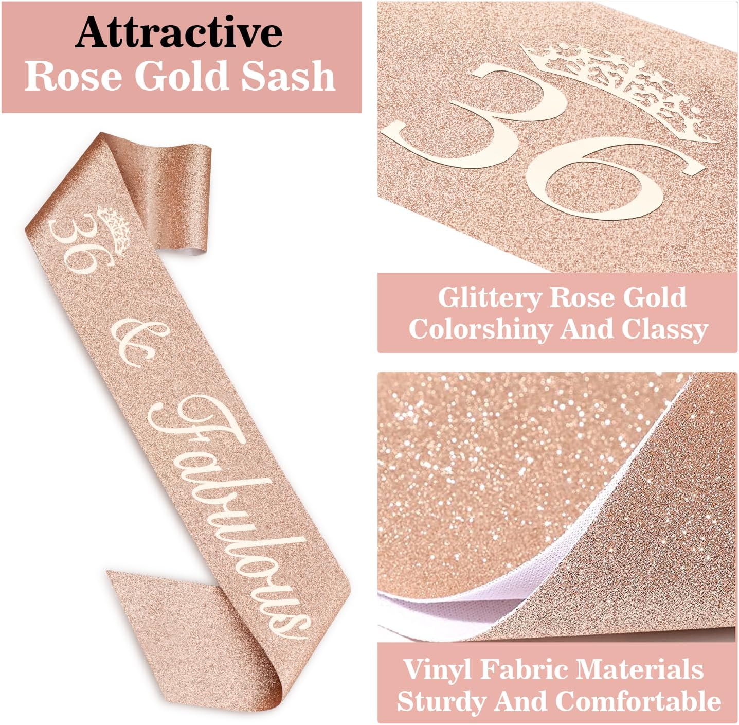 36th Birthday Decorations for Women Including Birthday Sash, Tiara/Crown, Numeral Candles and Cake Topper, Gifts for 36 Year Old Woman, Rosegold Party Decor and Supplies