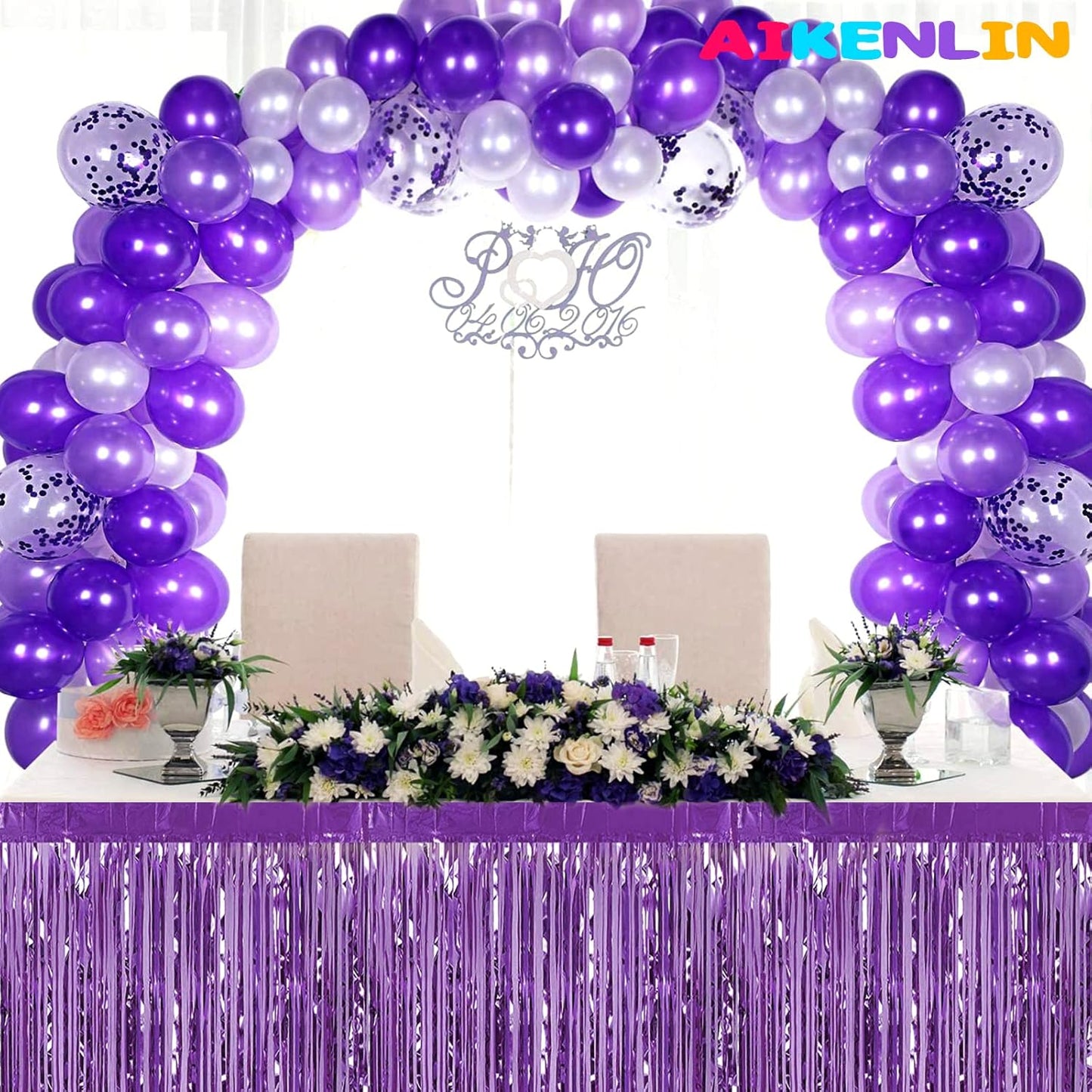 6 Pack 29x108 Inch Metallic Foil Fringe Tinsel Table Skirts Banner for Rectangle Tables Streamer Garland Backdrop for Wedding, Birthday, Parade Floats, Christmas Party Decoration(Light Purple)
