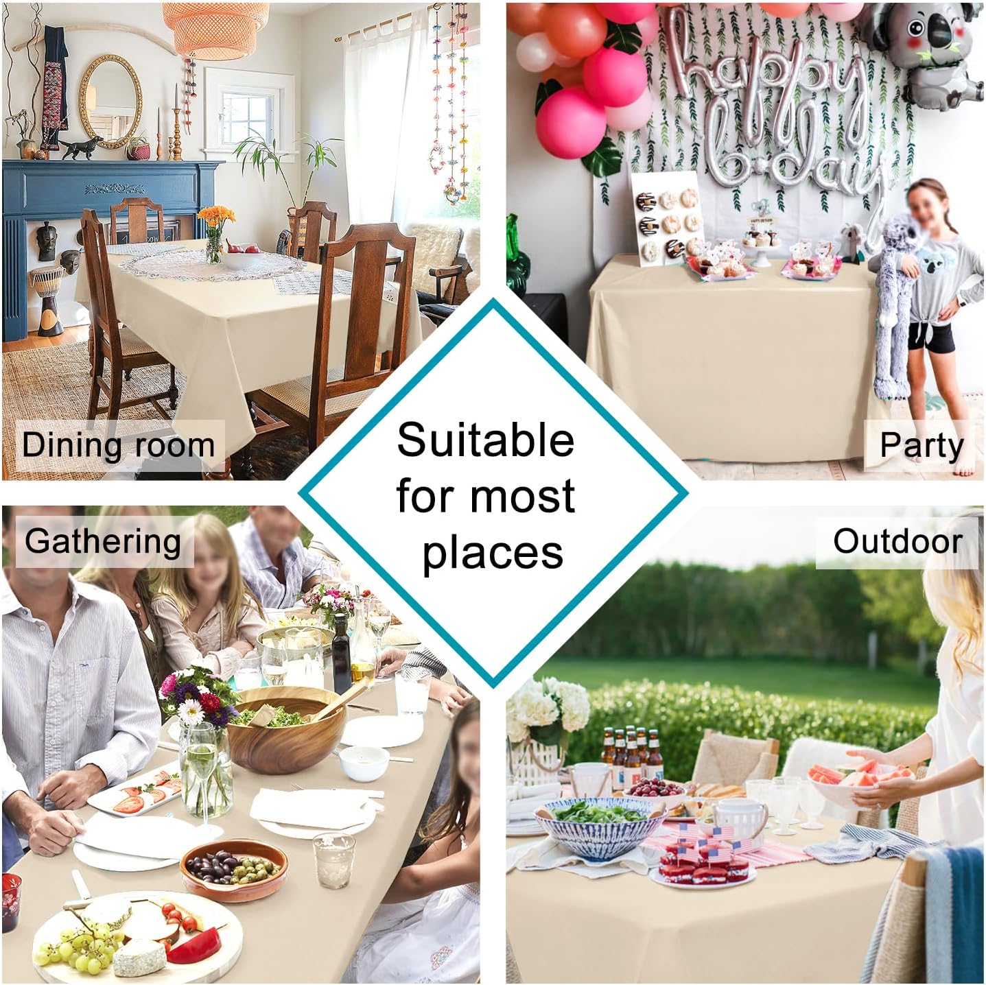 Hiasan Tablecloth for Rectangle Tables - 70 x 140 inch - Waterproof, Spillproof & Wrinkle Resistant Washable Polyester Table Cloth for Dining/Party/Outdoor Picnic, Beige